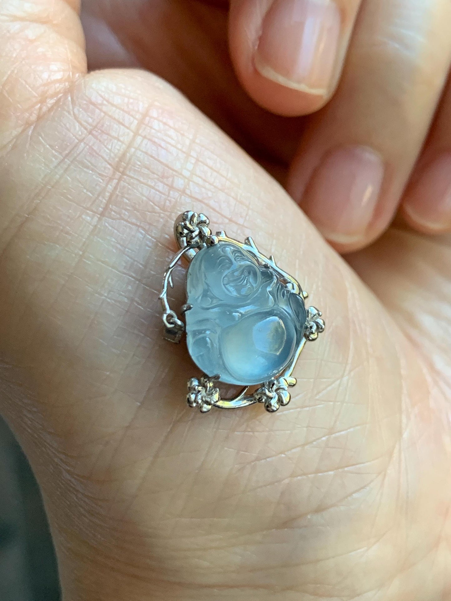Certified Natural Grade A Guatemalan Icy Translucent Dusty Blue Jade Jadeite Buddha Petite Pendant Sterling Silver 3.12g 天然冰胶危蓝翡翠佛公镶嵌吊坠 161