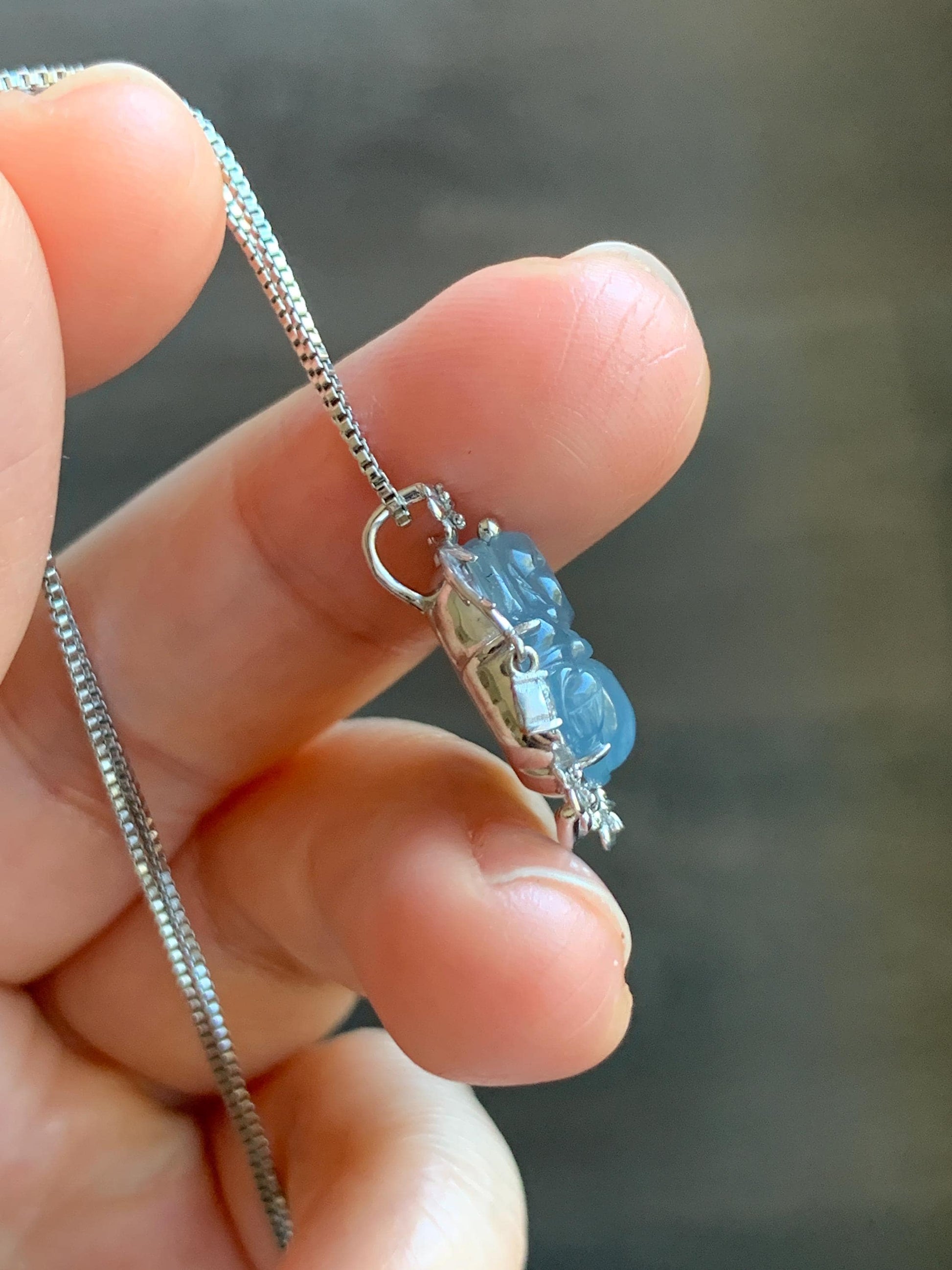 Certified Natural Grade A Guatemalan Icy Translucent Dusty Blue Jade Jadeite Buddha Petite Pendant Sterling Silver 3.12g 天然冰胶危蓝翡翠佛公镶嵌吊坠 161