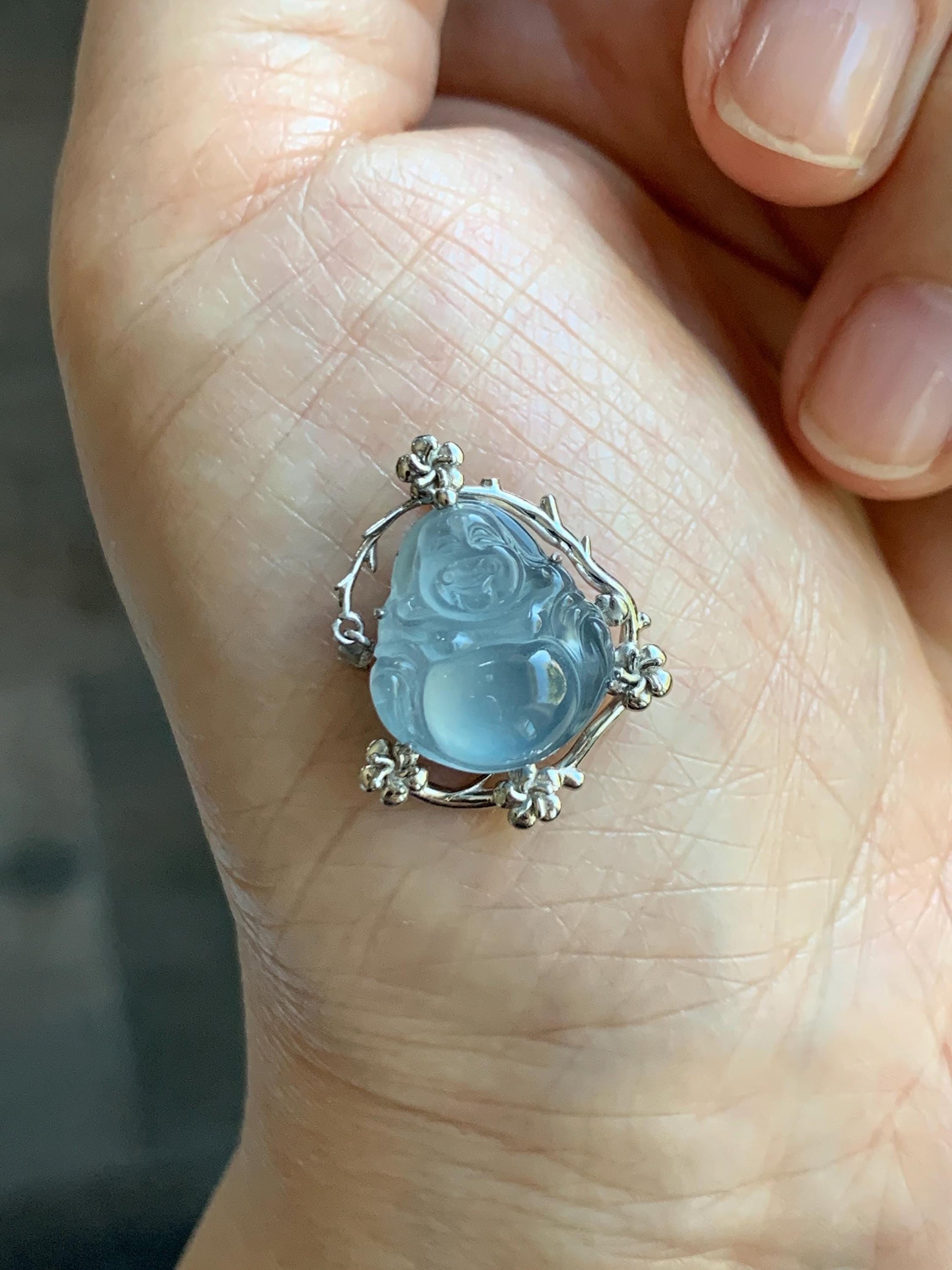 Certified Natural Grade A Guatemalan Icy Translucent Dusty Blue Jade Jadeite Buddha Petite Pendant Sterling Silver 3.12g 天然冰胶危蓝翡翠佛公镶嵌吊坠 161