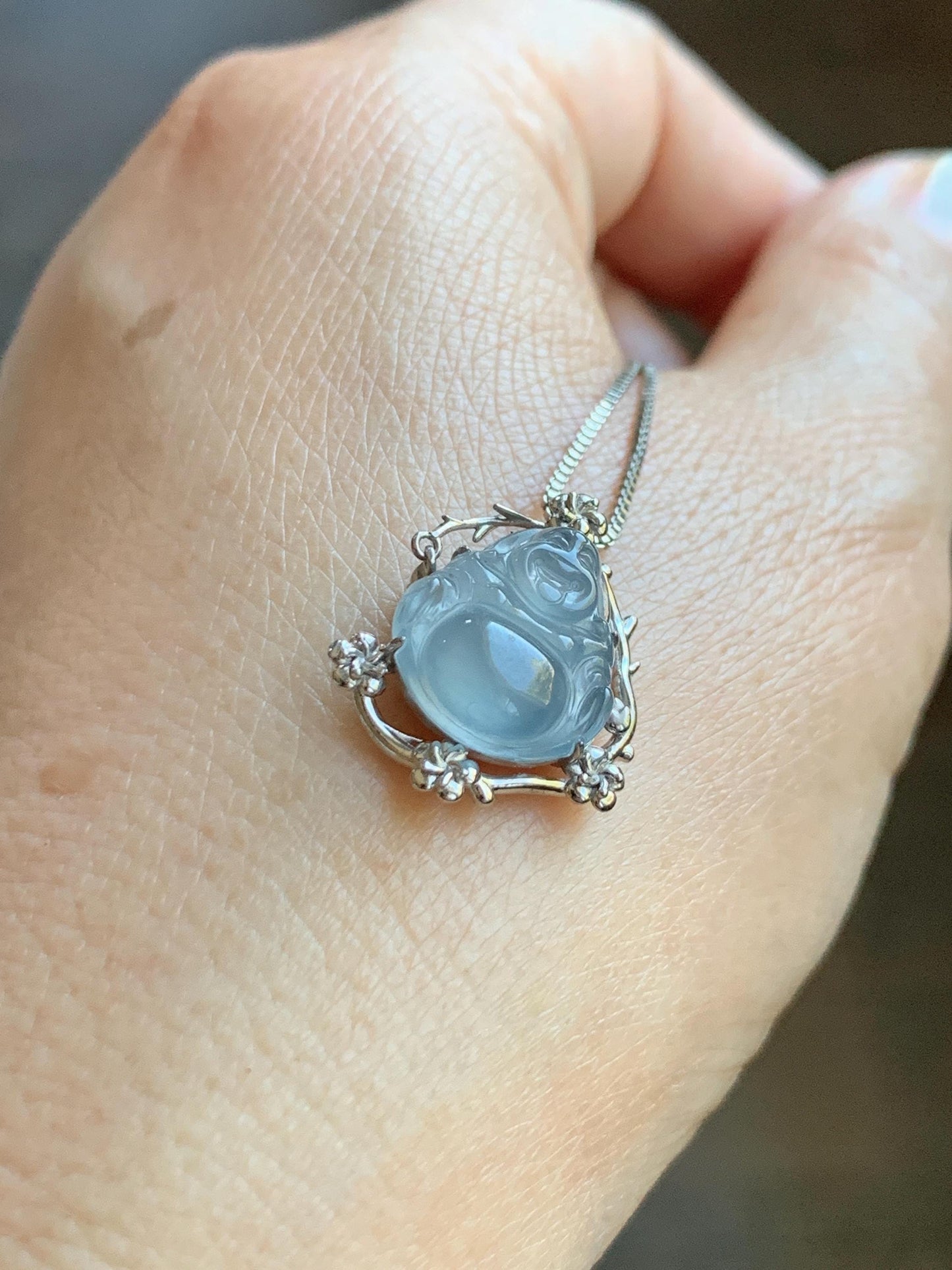 Certified Natural Grade A Guatemalan Icy Translucent Dusty Blue Jade Jadeite Buddha Petite Pendant Sterling Silver 3.12g 天然冰胶危蓝翡翠佛公镶嵌吊坠 161