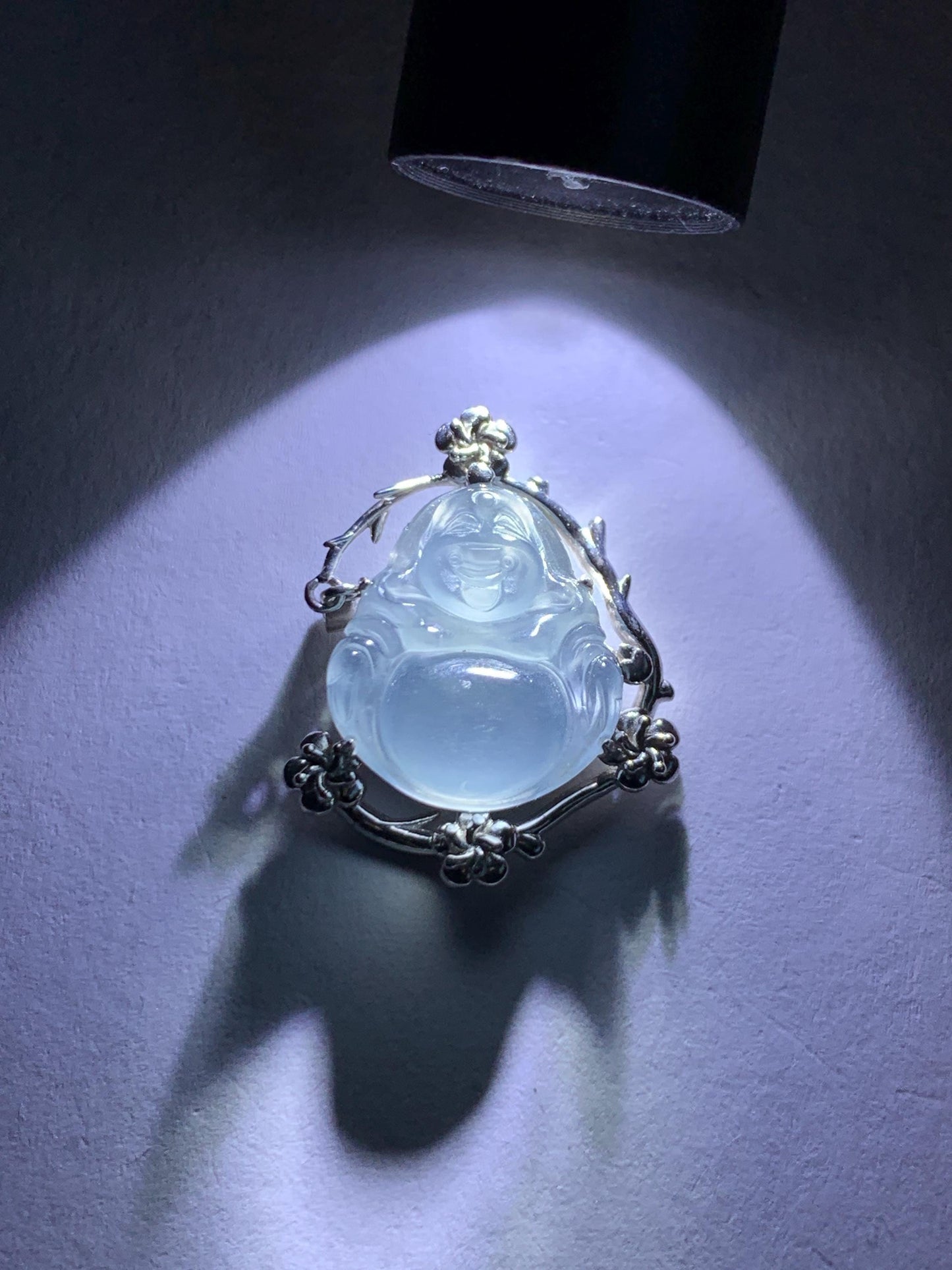 Certified Natural Grade A Guatemalan Icy Translucent Dusty Blue Jade Jadeite Buddha Petite Pendant Sterling Silver 3.12g 天然冰胶危蓝翡翠佛公镶嵌吊坠 161