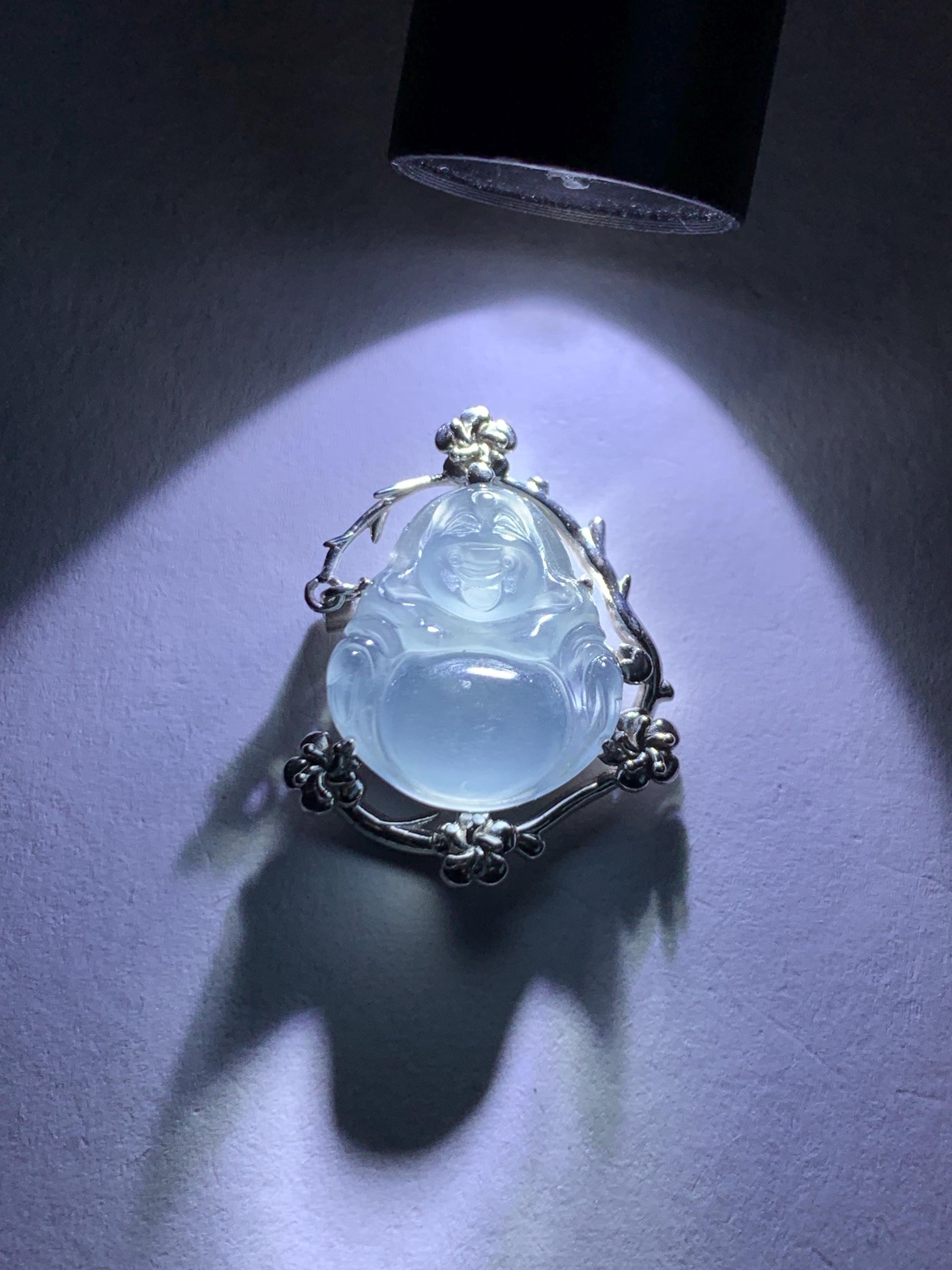 Certified Natural Grade A Guatemalan Icy Translucent Dusty Blue Jade Jadeite Buddha Petite Pendant Sterling Silver 3.12g 天然冰胶危蓝翡翠佛公镶嵌吊坠 161
