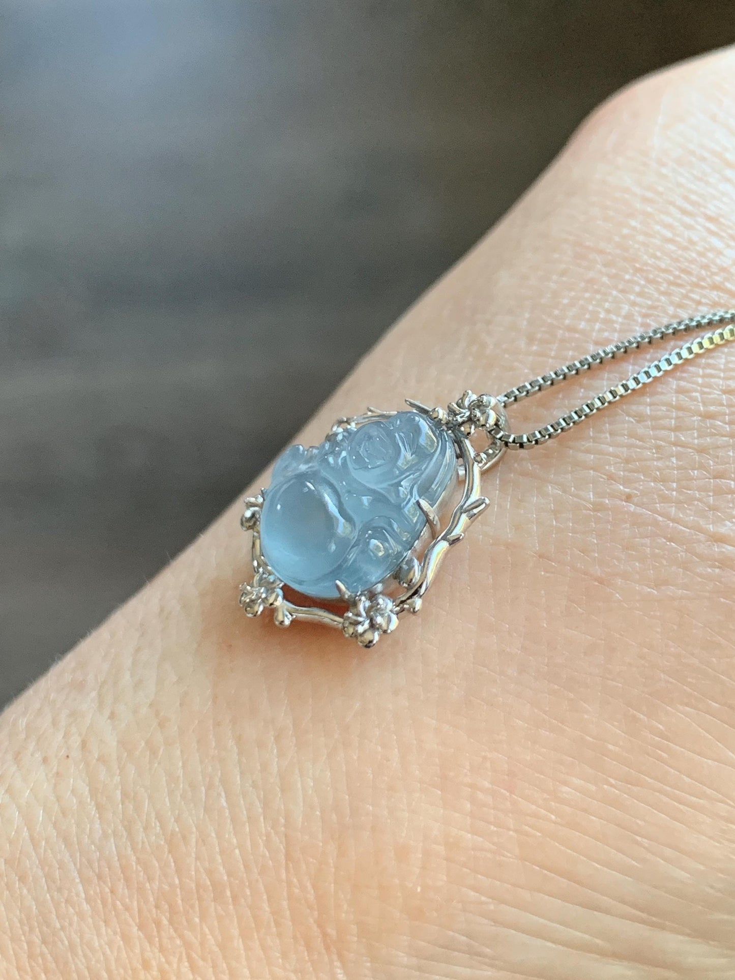 Certified Natural Grade A Guatemalan Icy Translucent Dusty Blue Jade Jadeite Buddha Petite Pendant Sterling Silver 3.12g 天然冰胶危蓝翡翠佛公镶嵌吊坠 161