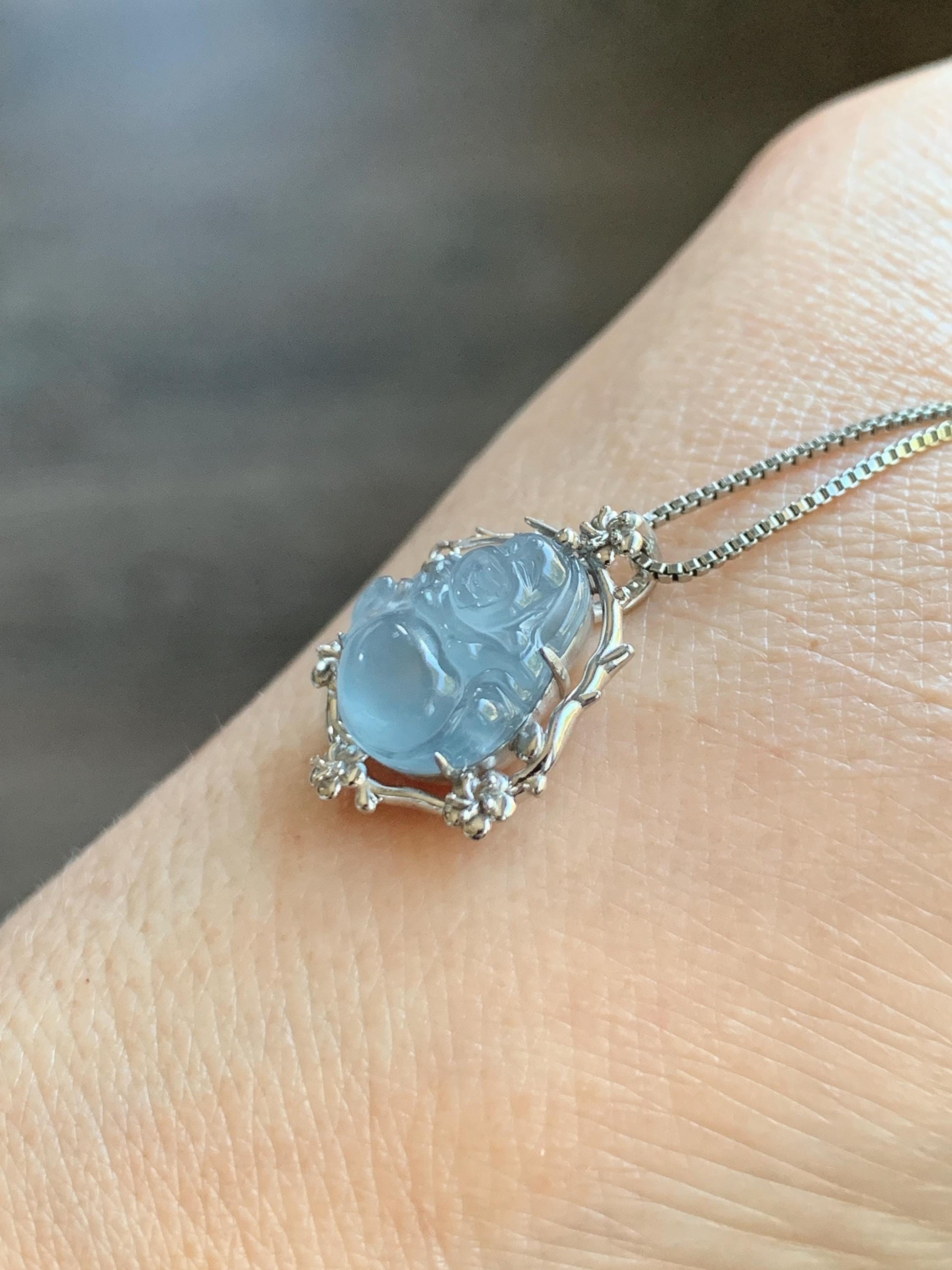 Certified Natural Grade A Guatemalan Icy Translucent Dusty Blue Jade Jadeite Buddha Petite Pendant Sterling Silver 3.12g 天然冰胶危蓝翡翠佛公镶嵌吊坠 161
