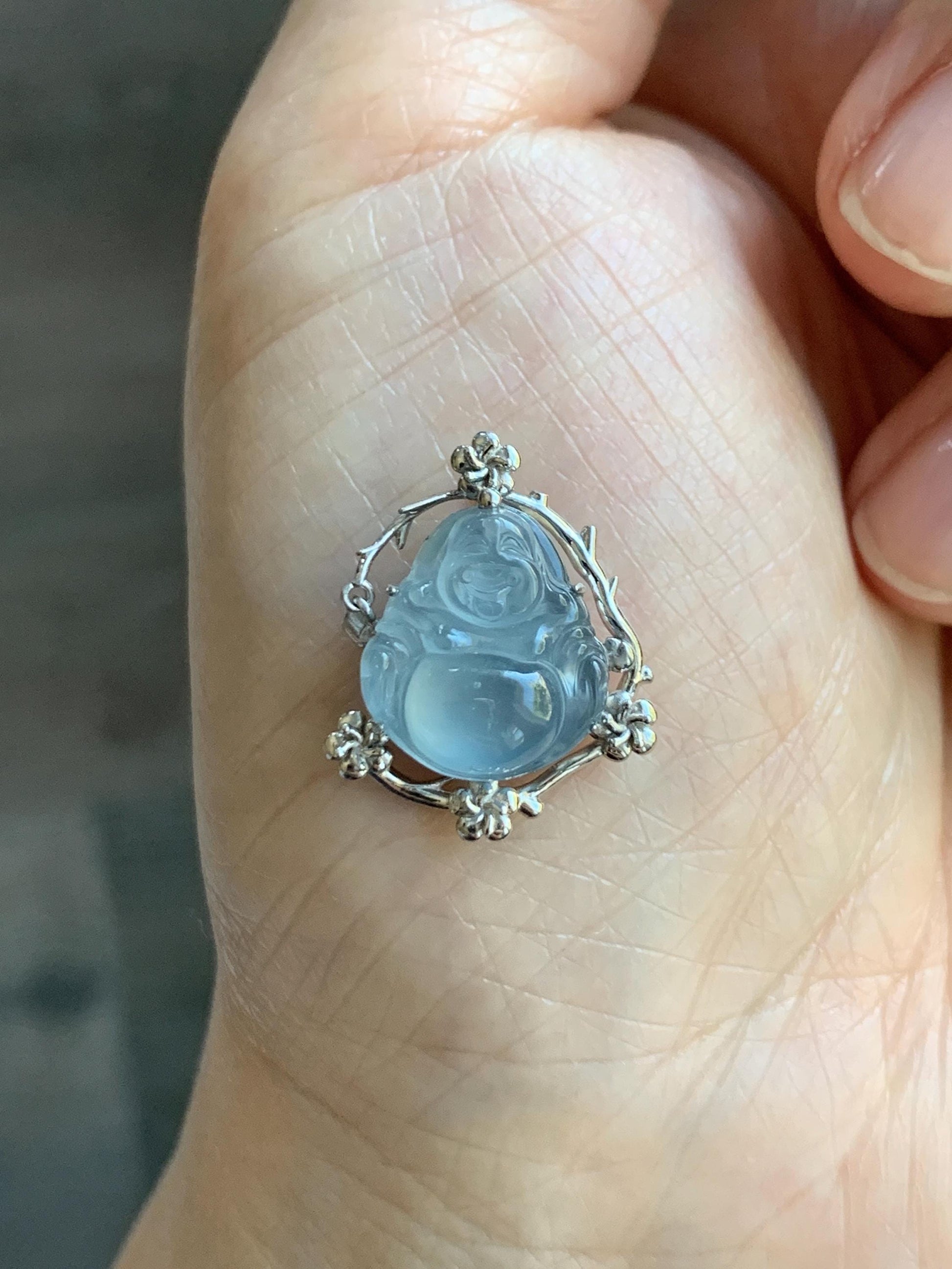 Certified Natural Grade A Guatemalan Icy Translucent Dusty Blue Jade Jadeite Buddha Petite Pendant Sterling Silver 3.12g 天然冰胶危蓝翡翠佛公镶嵌吊坠 161