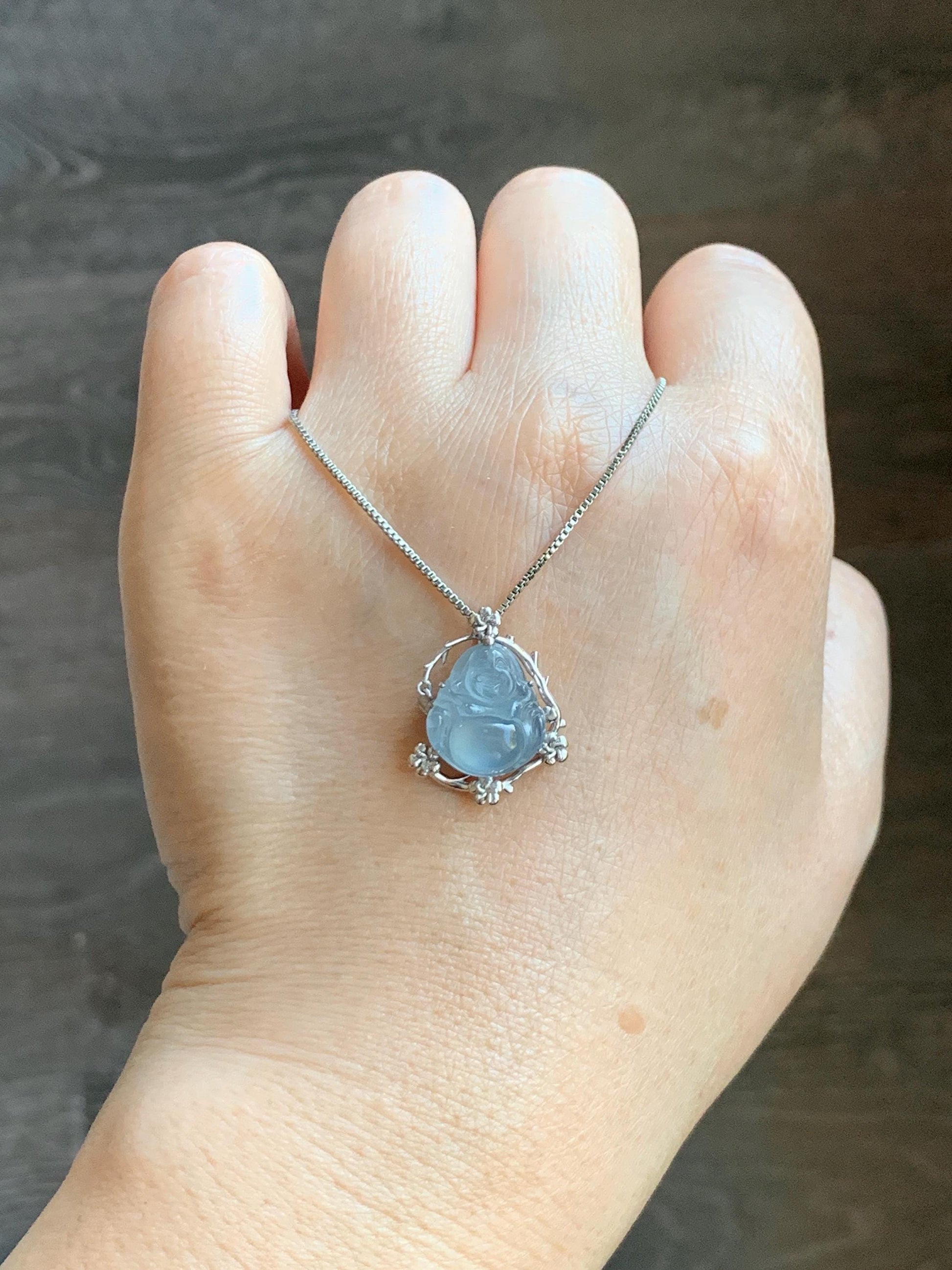 Certified Natural Grade A Guatemalan Icy Translucent Dusty Blue Jade Jadeite Buddha Petite Pendant Sterling Silver 3.12g 天然冰胶危蓝翡翠佛公镶嵌吊坠 161