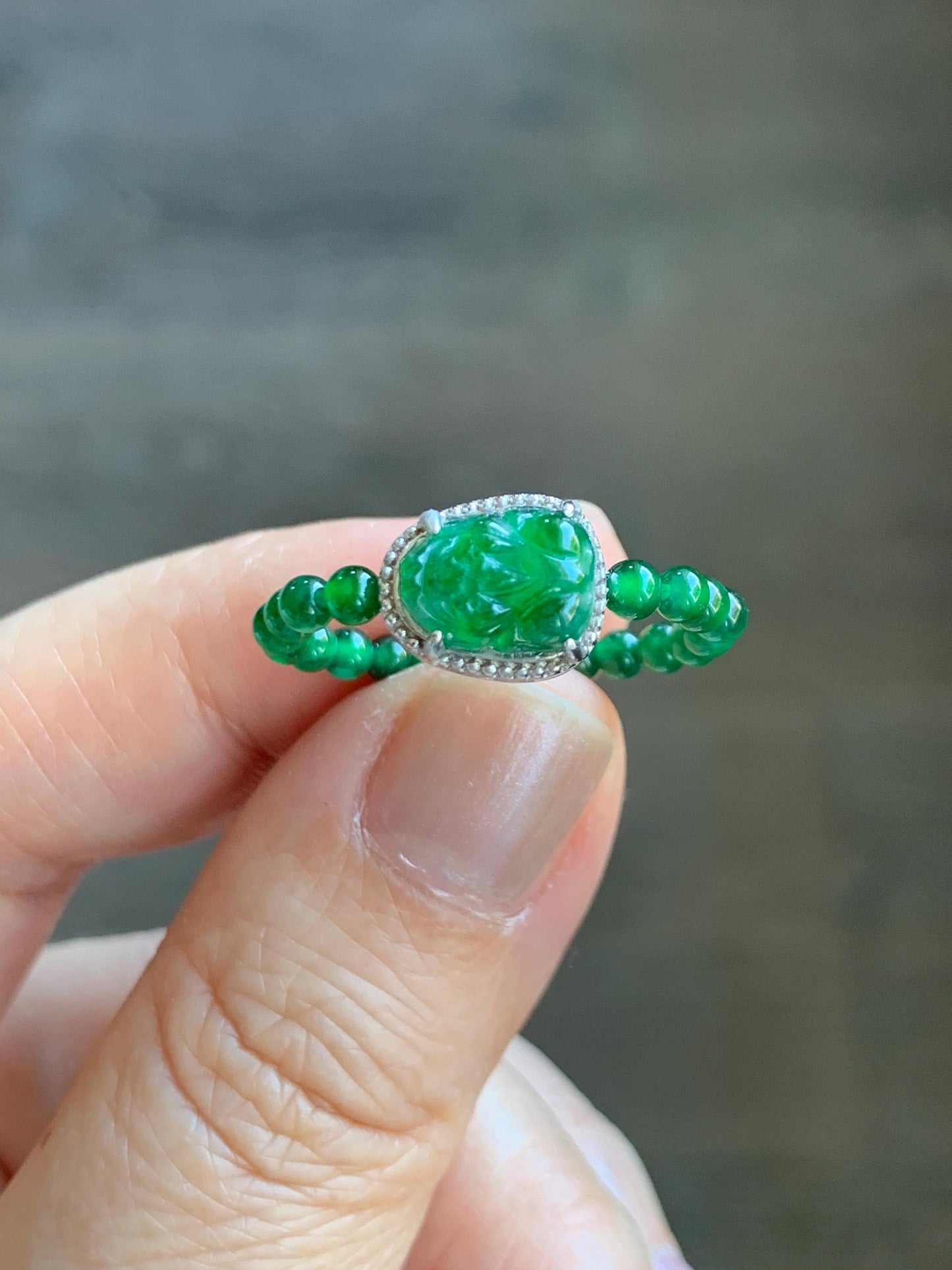 Natural Grade A Guatemalan Icy Translucent Vibrant Green Jade Jadeite Petite Beads Pixiu Charm Beaded Band Ring Size 7 US 天然冰危绿翡翠貔貅潘多拉戒圈WPXJ