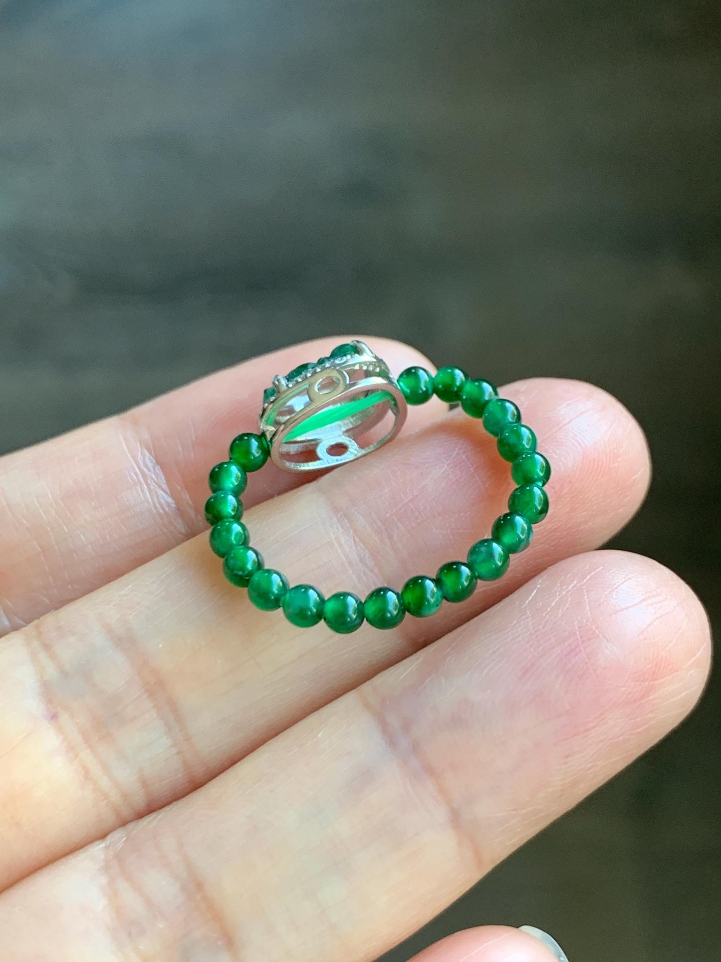 Natural Grade A Guatemalan Icy Translucent Vibrant Green Jade Jadeite Petite Beads Pixiu Charm Beaded Band Ring Size 7 US 天然冰危绿翡翠貔貅潘多拉戒圈WPXJ