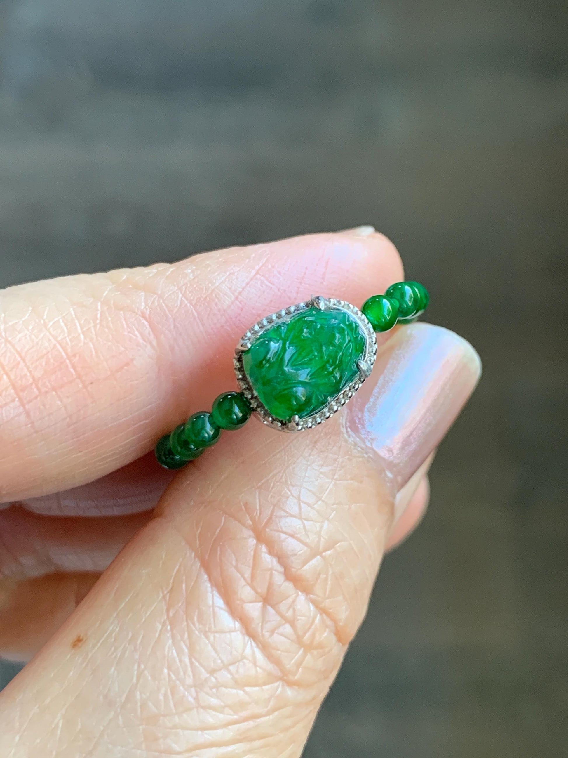 Natural Grade A Guatemalan Icy Translucent Vibrant Green Jade Jadeite Petite Beads Pixiu Charm Beaded Band Ring Size 7 US 天然冰危绿翡翠貔貅潘多拉戒圈WPXJ