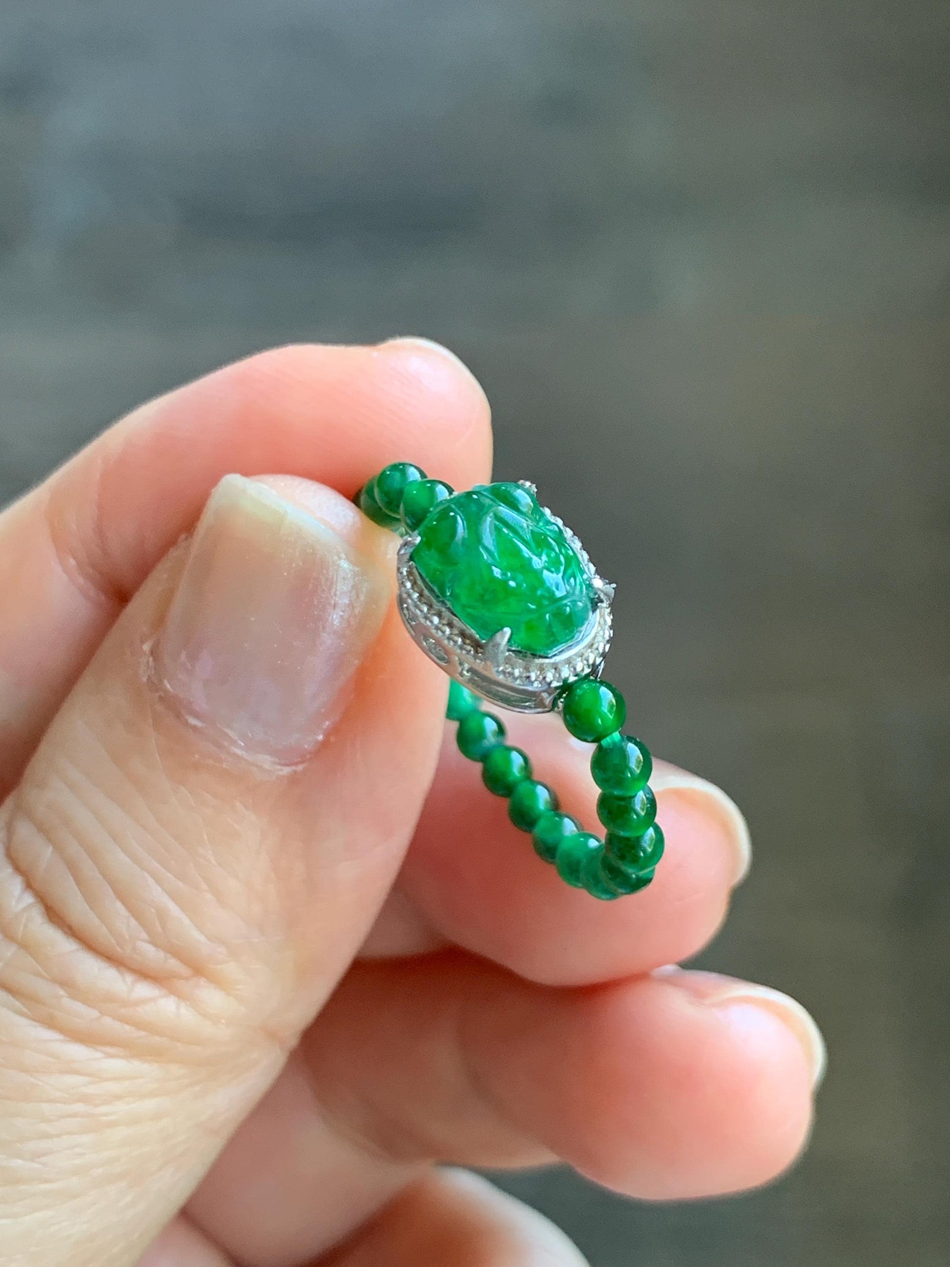 Natural Grade A Guatemalan Icy Translucent Vibrant Green Jade Jadeite Petite Beads Pixiu Charm Beaded Band Ring Size 7 US 天然冰危绿翡翠貔貅潘多拉戒圈WPXJ