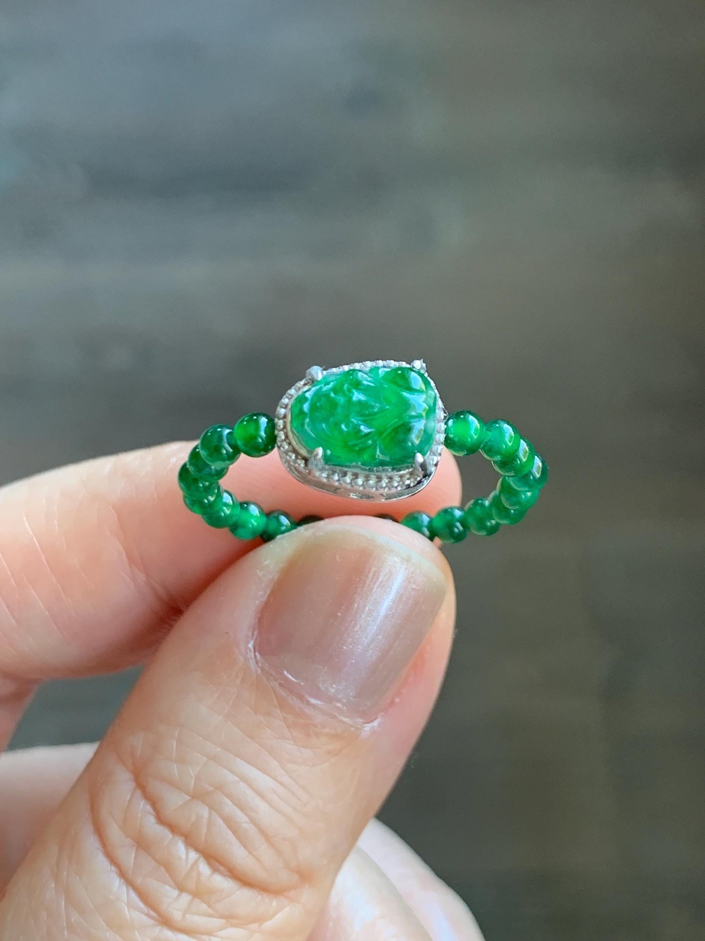 Natural Grade A Guatemalan Icy Translucent Vibrant Green Jade Jadeite Petite Beads Pixiu Charm Beaded Band Ring Size 7 US 天然冰危绿翡翠貔貅潘多拉戒圈WPXJ