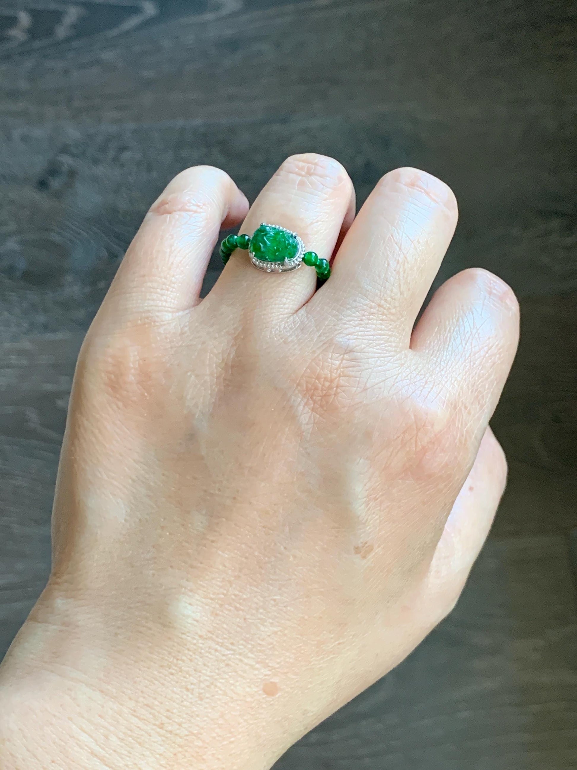 Natural Grade A Guatemalan Icy Translucent Vibrant Green Jade Jadeite Petite Beads Pixiu Charm Beaded Band Ring Size 7 US 天然冰危绿翡翠貔貅潘多拉戒圈WPXJ