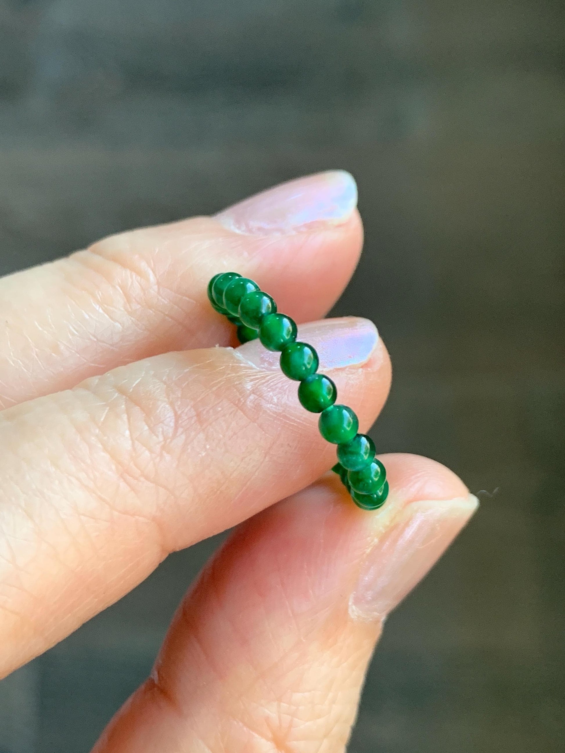 Natural Grade A Guatemalan Icy Translucent Vibrant Green Jade Jadeite Petite Beads Pixiu Charm Beaded Band Ring Size 7 US 天然冰危绿翡翠貔貅潘多拉戒圈WPXJ