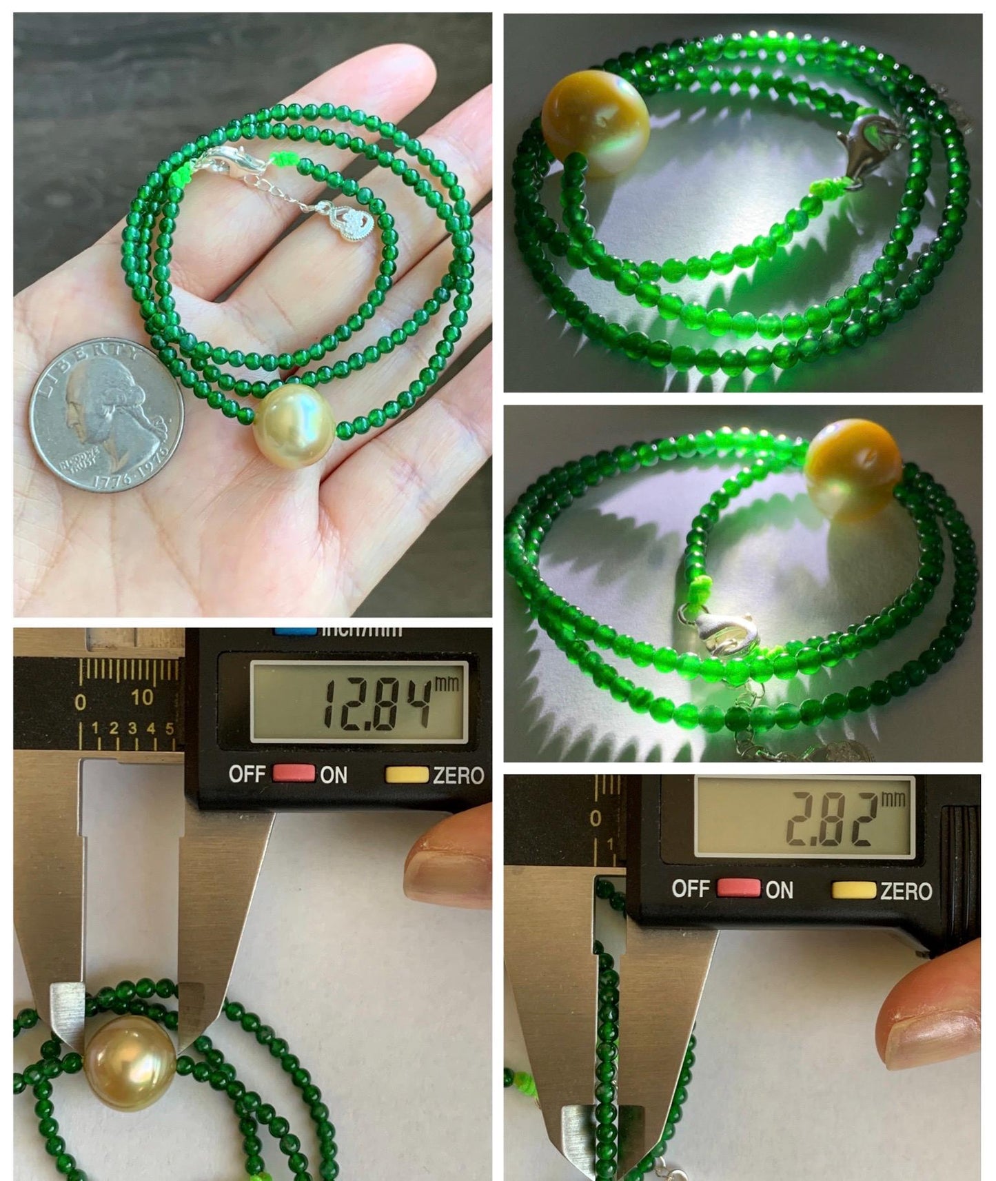Natural Golden South Sea Pearl Grade A Guatemalan Icy Vibrant Green Jade Jadeite Beaded Necklace Sterling Silver 18” 9g 天然冰危绿翡翠小圆珠南洋金珠珍珠项链