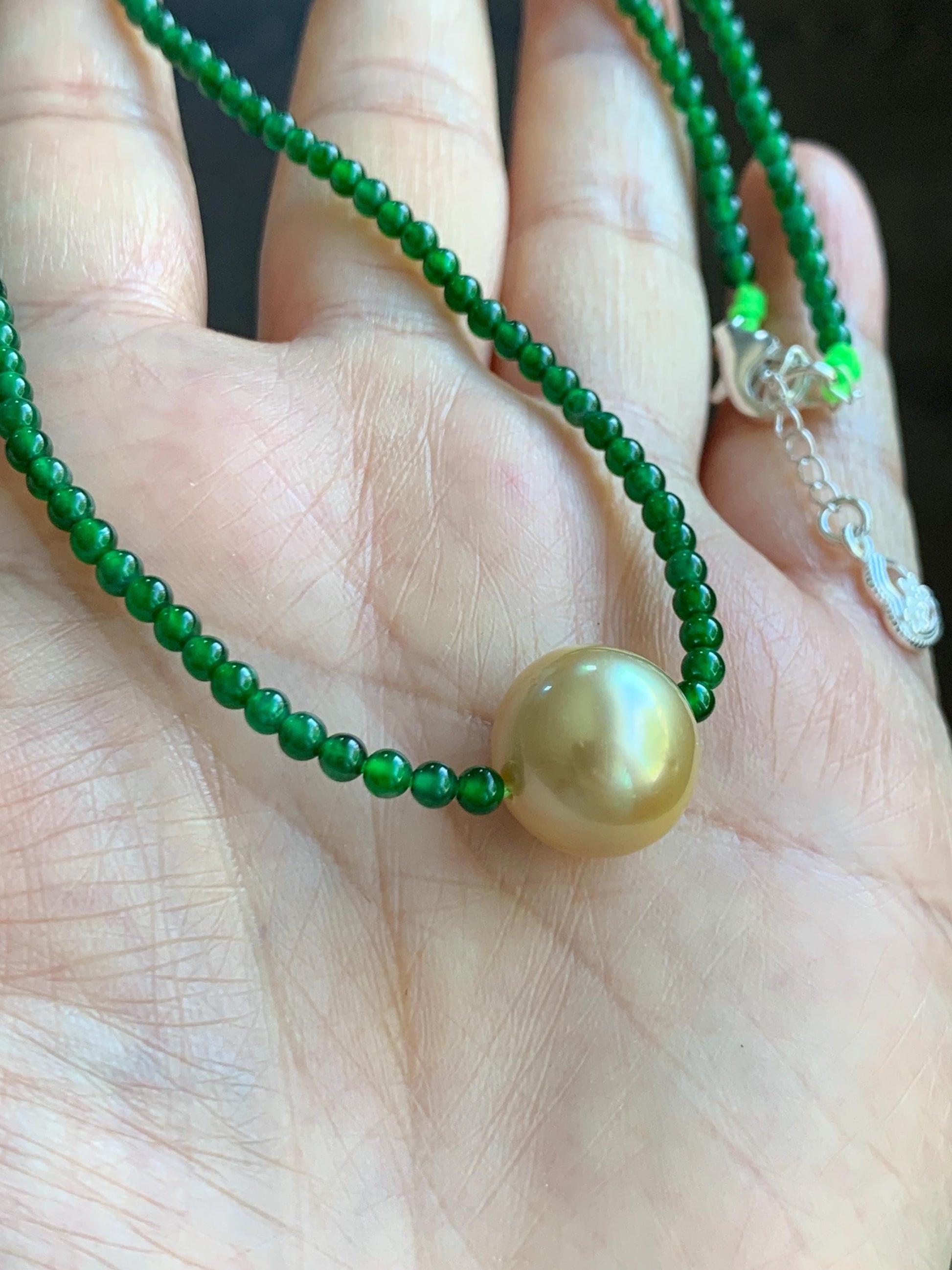 Natural Golden South Sea Pearl Grade A Guatemalan Icy Vibrant Green Jade Jadeite Beaded Necklace Sterling Silver 18” 9g 天然冰危绿翡翠小圆珠南洋金珠珍珠项链
