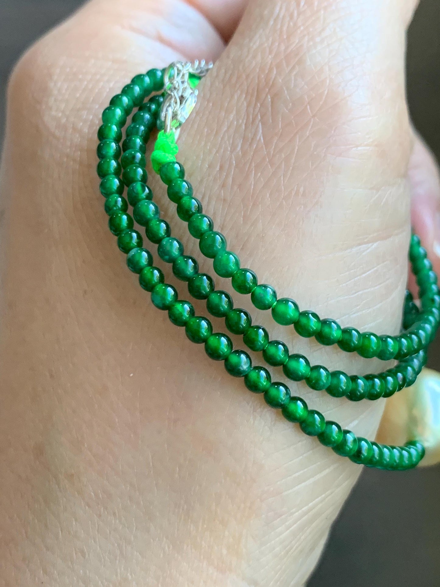Natural Golden South Sea Pearl Grade A Guatemalan Icy Vibrant Green Jade Jadeite Beaded Necklace Sterling Silver 18” 9g 天然冰危绿翡翠小圆珠南洋金珠珍珠项链