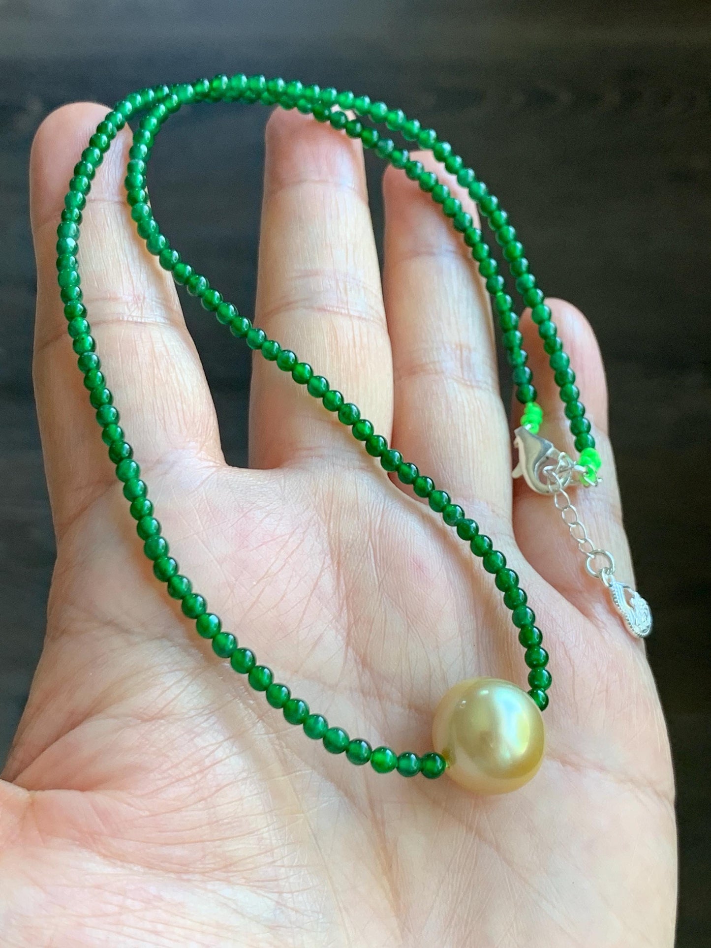 Natural Golden South Sea Pearl Grade A Guatemalan Icy Vibrant Green Jade Jadeite Beaded Necklace Sterling Silver 18” 9g 天然冰危绿翡翠小圆珠南洋金珠珍珠项链