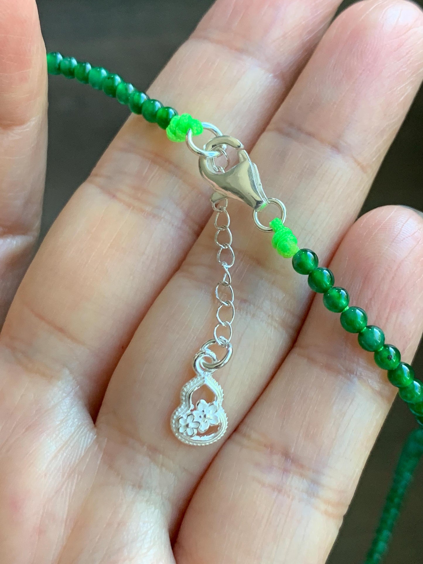 Natural Golden South Sea Pearl Grade A Guatemalan Icy Vibrant Green Jade Jadeite Beaded Necklace Sterling Silver 18” 9g 天然冰危绿翡翠小圆珠南洋金珠珍珠项链