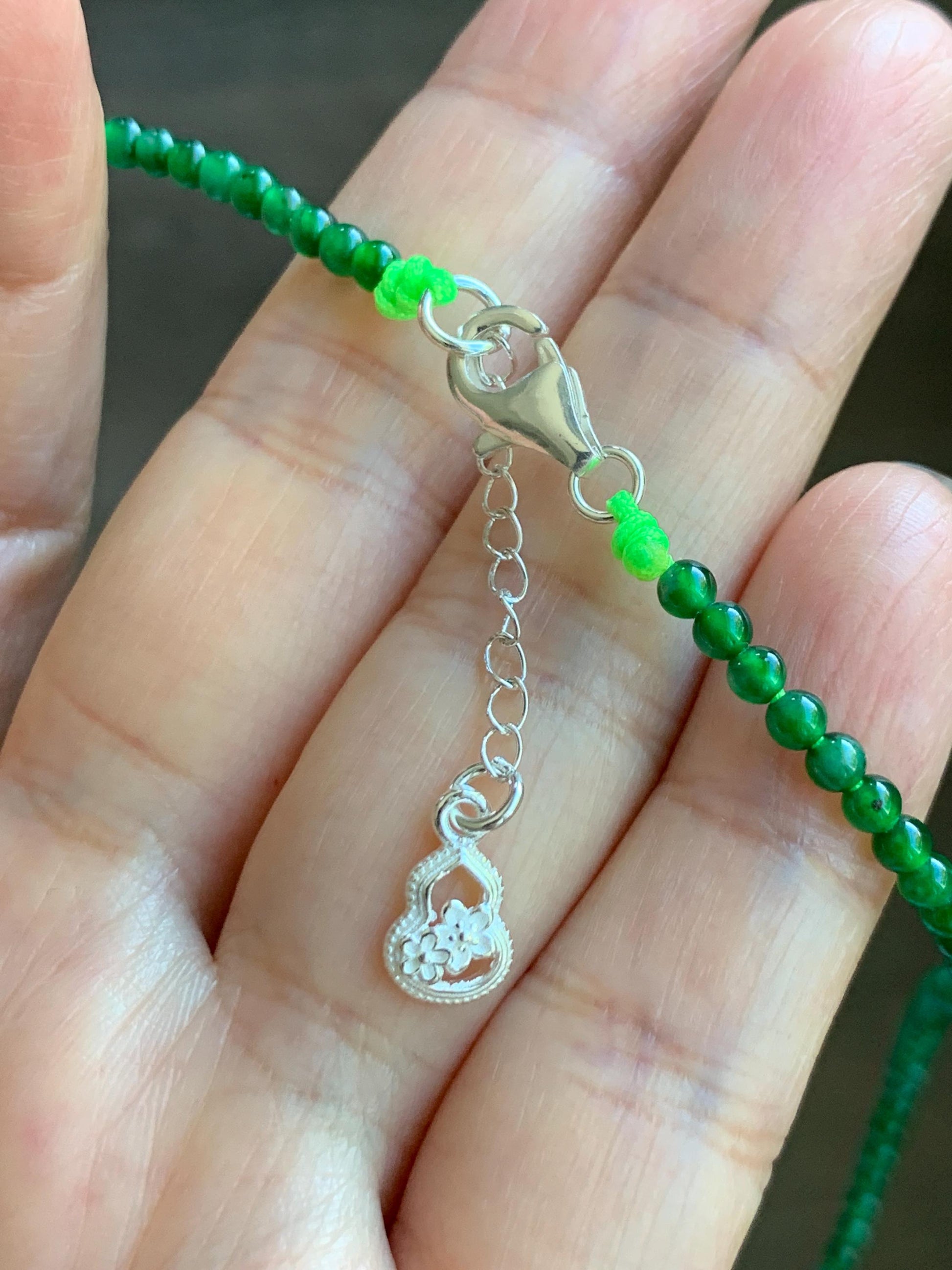 Natural Golden South Sea Pearl Grade A Guatemalan Icy Vibrant Green Jade Jadeite Beaded Necklace Sterling Silver 18” 9g 天然冰危绿翡翠小圆珠南洋金珠珍珠项链
