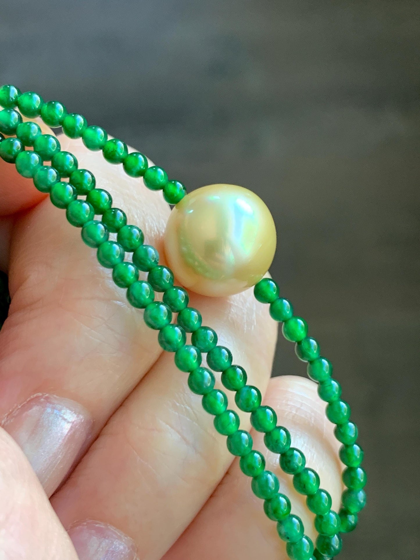 Natural Golden South Sea Pearl Grade A Guatemalan Icy Vibrant Green Jade Jadeite Beaded Necklace Sterling Silver 18” 9g 天然冰危绿翡翠小圆珠南洋金珠珍珠项链