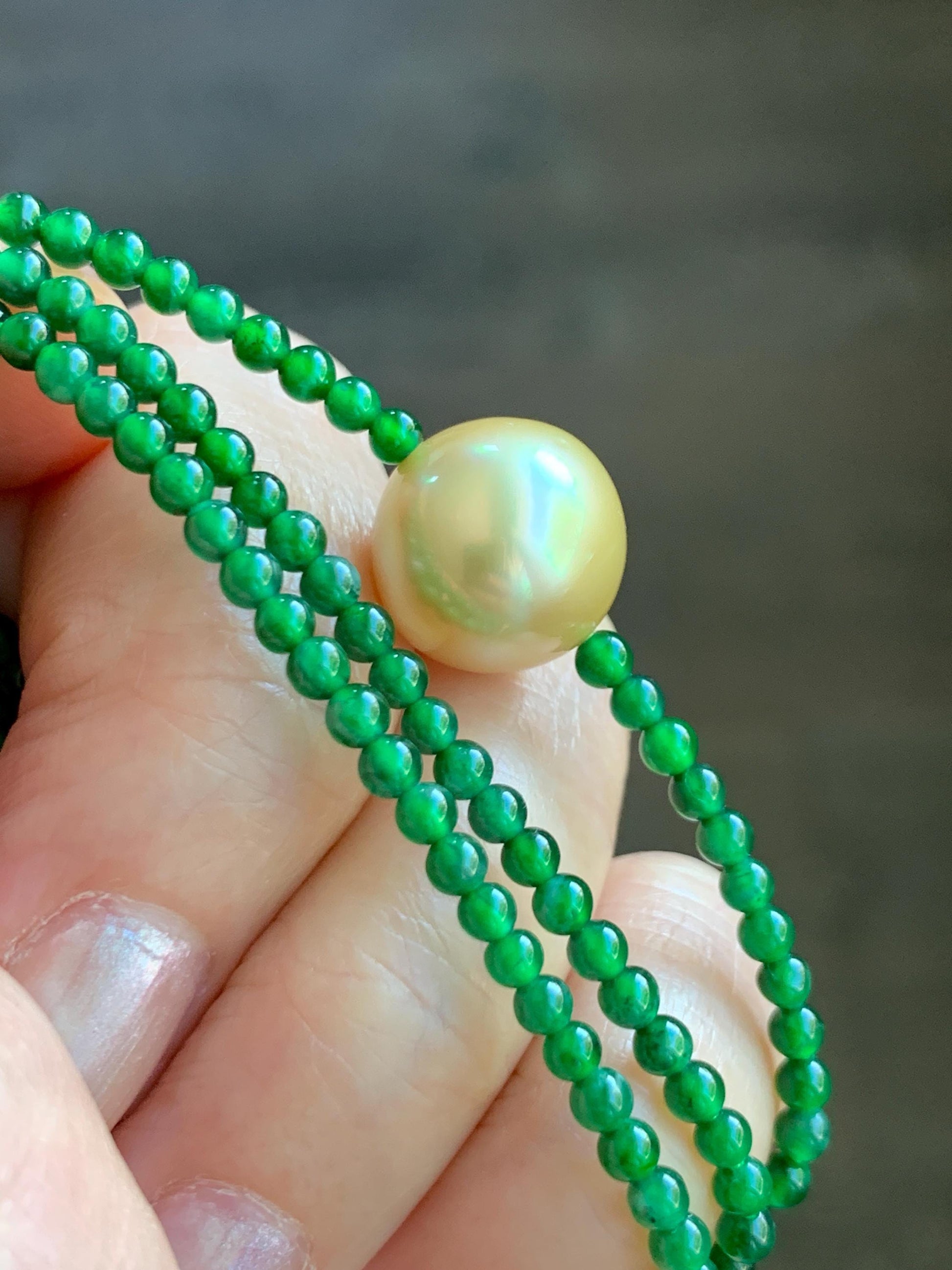 Natural Golden South Sea Pearl Grade A Guatemalan Icy Vibrant Green Jade Jadeite Beaded Necklace Sterling Silver 18” 9g 天然冰危绿翡翠小圆珠南洋金珠珍珠项链