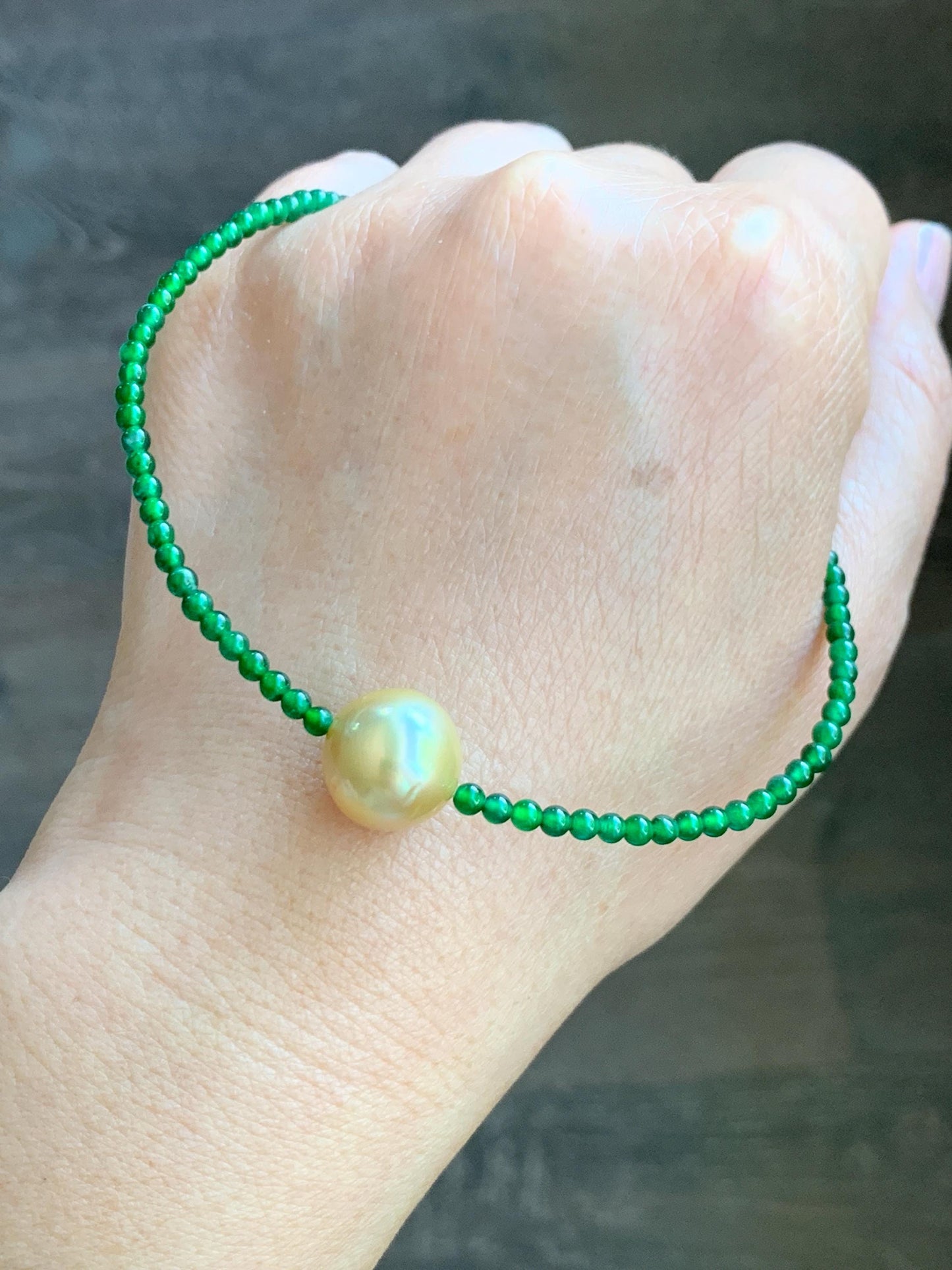 Natural Golden South Sea Pearl Grade A Guatemalan Icy Vibrant Green Jade Jadeite Beaded Necklace Sterling Silver 18” 9g 天然冰危绿翡翠小圆珠南洋金珠珍珠项链