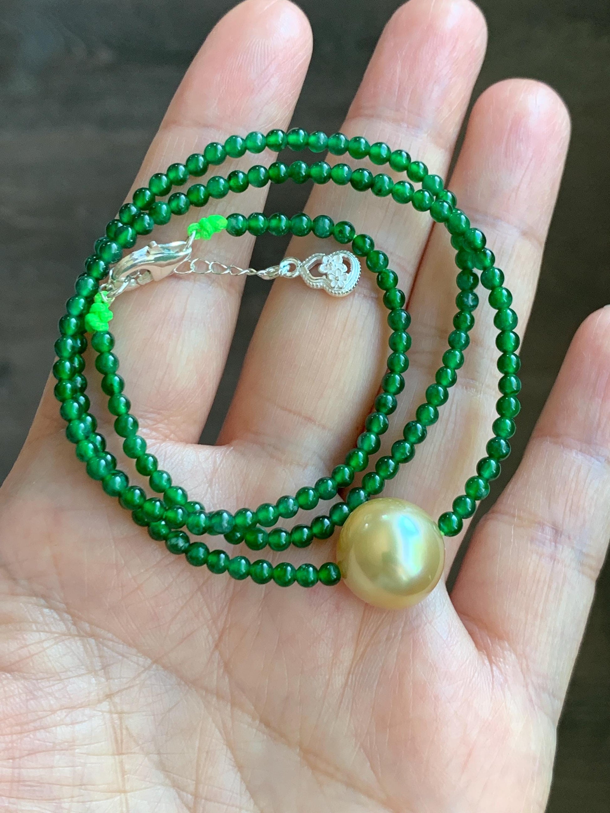 Natural Golden South Sea Pearl Grade A Guatemalan Icy Vibrant Green Jade Jadeite Beaded Necklace Sterling Silver 18” 9g 天然冰危绿翡翠小圆珠南洋金珠珍珠项链