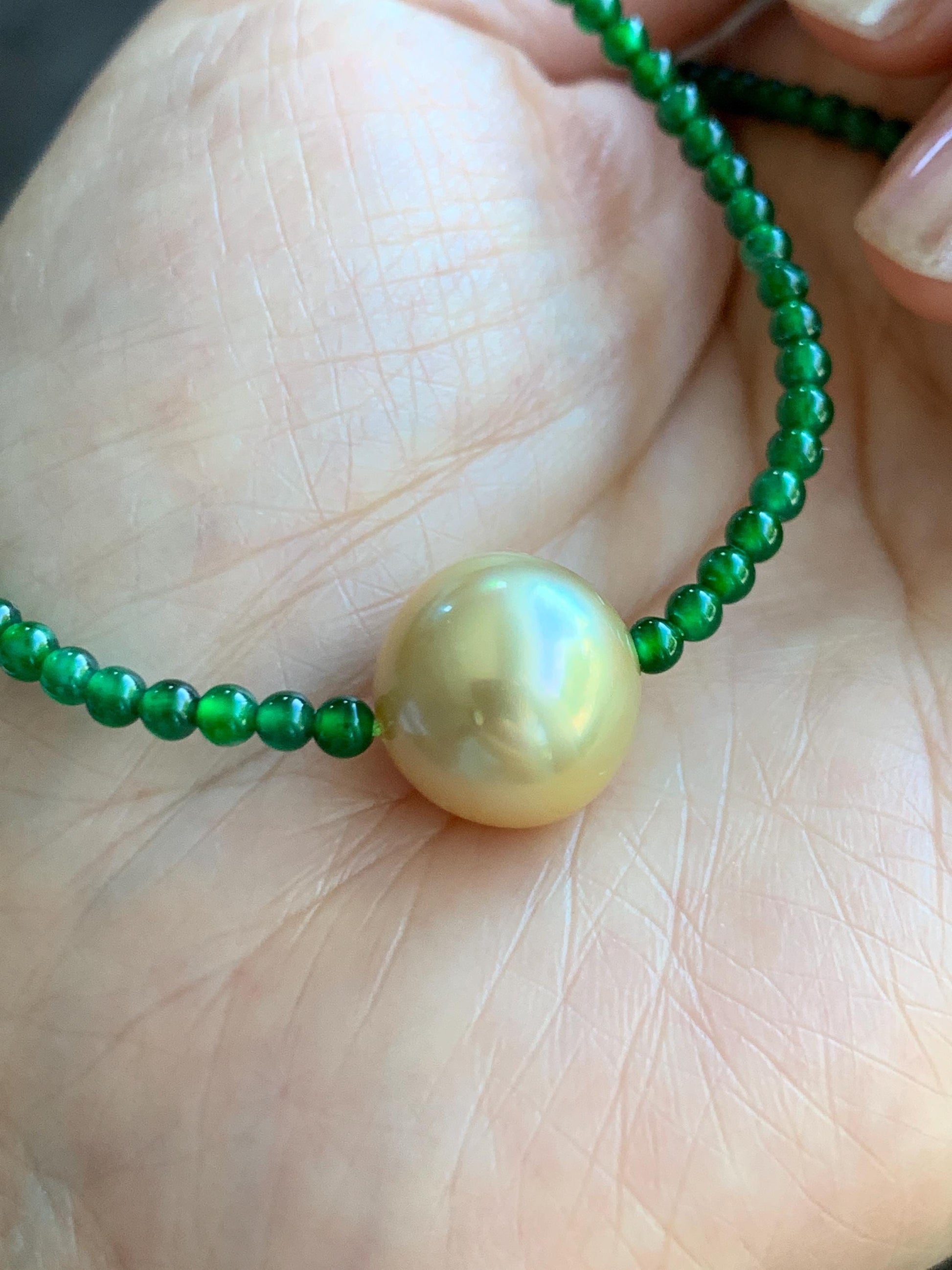 Natural Golden South Sea Pearl Grade A Guatemalan Icy Vibrant Green Jade Jadeite Beaded Necklace Sterling Silver 18” 9g 天然冰危绿翡翠小圆珠南洋金珠珍珠项链
