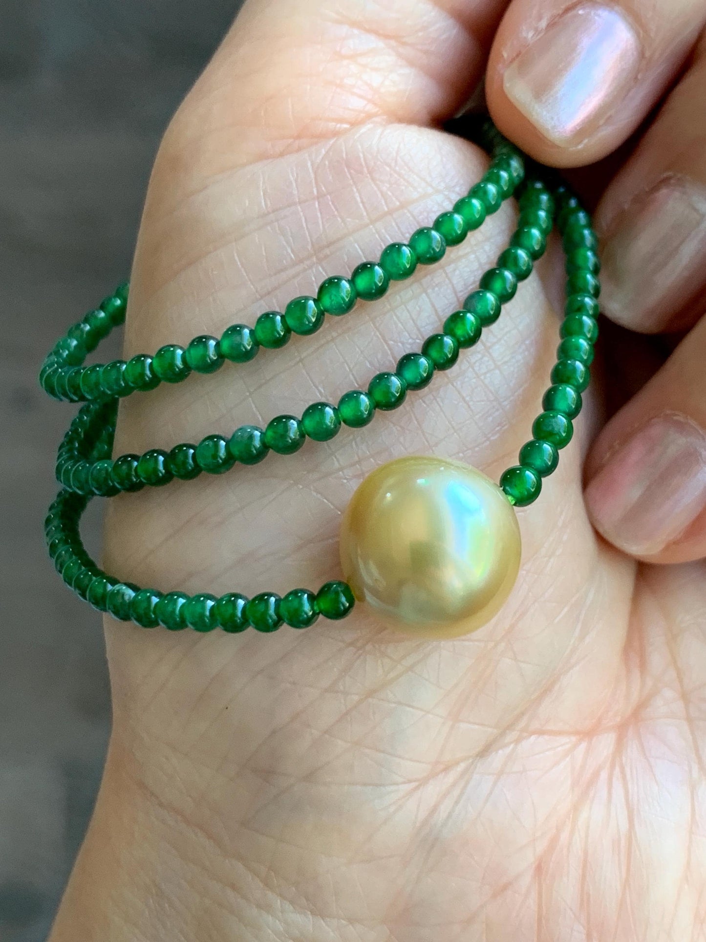 Natural Golden South Sea Pearl Grade A Guatemalan Icy Vibrant Green Jade Jadeite Beaded Necklace Sterling Silver 18” 9g 天然冰危绿翡翠小圆珠南洋金珠珍珠项链