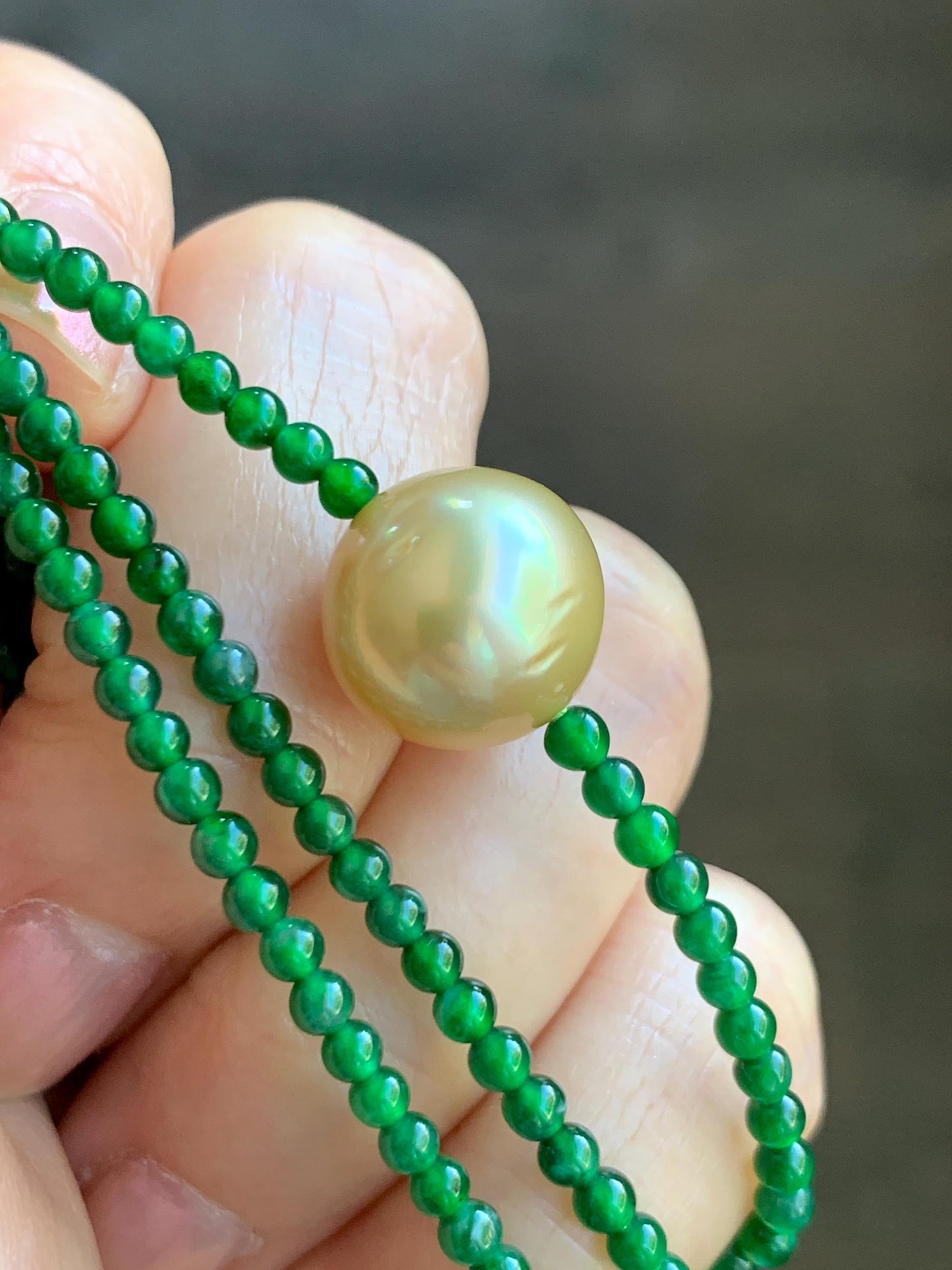Natural Golden South Sea Pearl Grade A Guatemalan Icy Vibrant Green Jade Jadeite Beaded Necklace Sterling Silver 18” 9g 天然冰危绿翡翠小圆珠南洋金珠珍珠项链