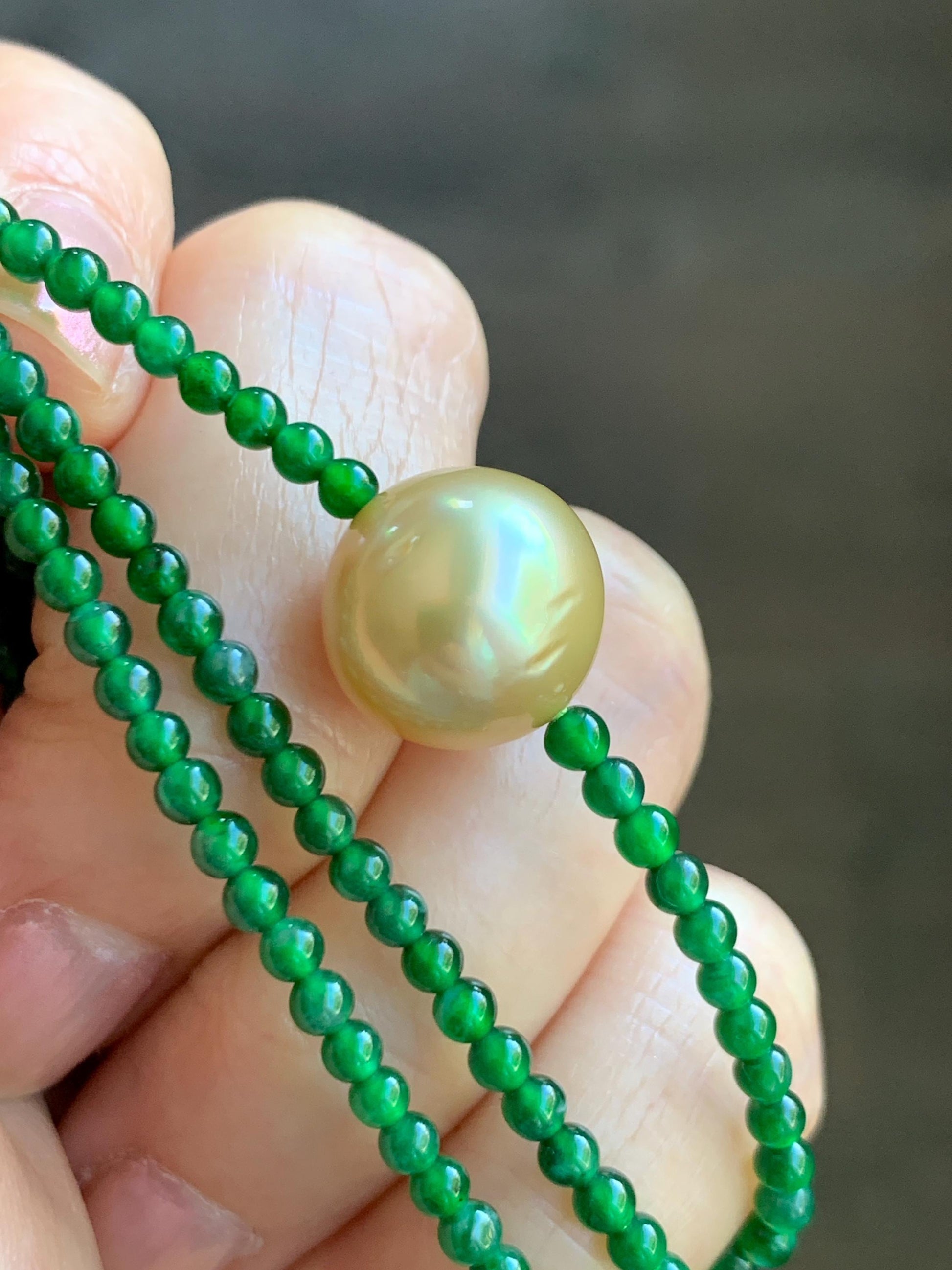 Natural Golden South Sea Pearl Grade A Guatemalan Icy Vibrant Green Jade Jadeite Beaded Necklace Sterling Silver 18” 9g 天然冰危绿翡翠小圆珠南洋金珠珍珠项链