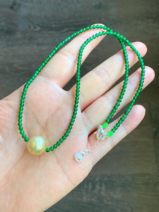 Natural Golden South Sea Pearl Grade A Guatemalan Icy Vibrant Green Jade Jadeite Beaded Necklace Sterling Silver 18” 9g 天然冰危绿翡翠小圆珠南洋金珠珍珠项链
