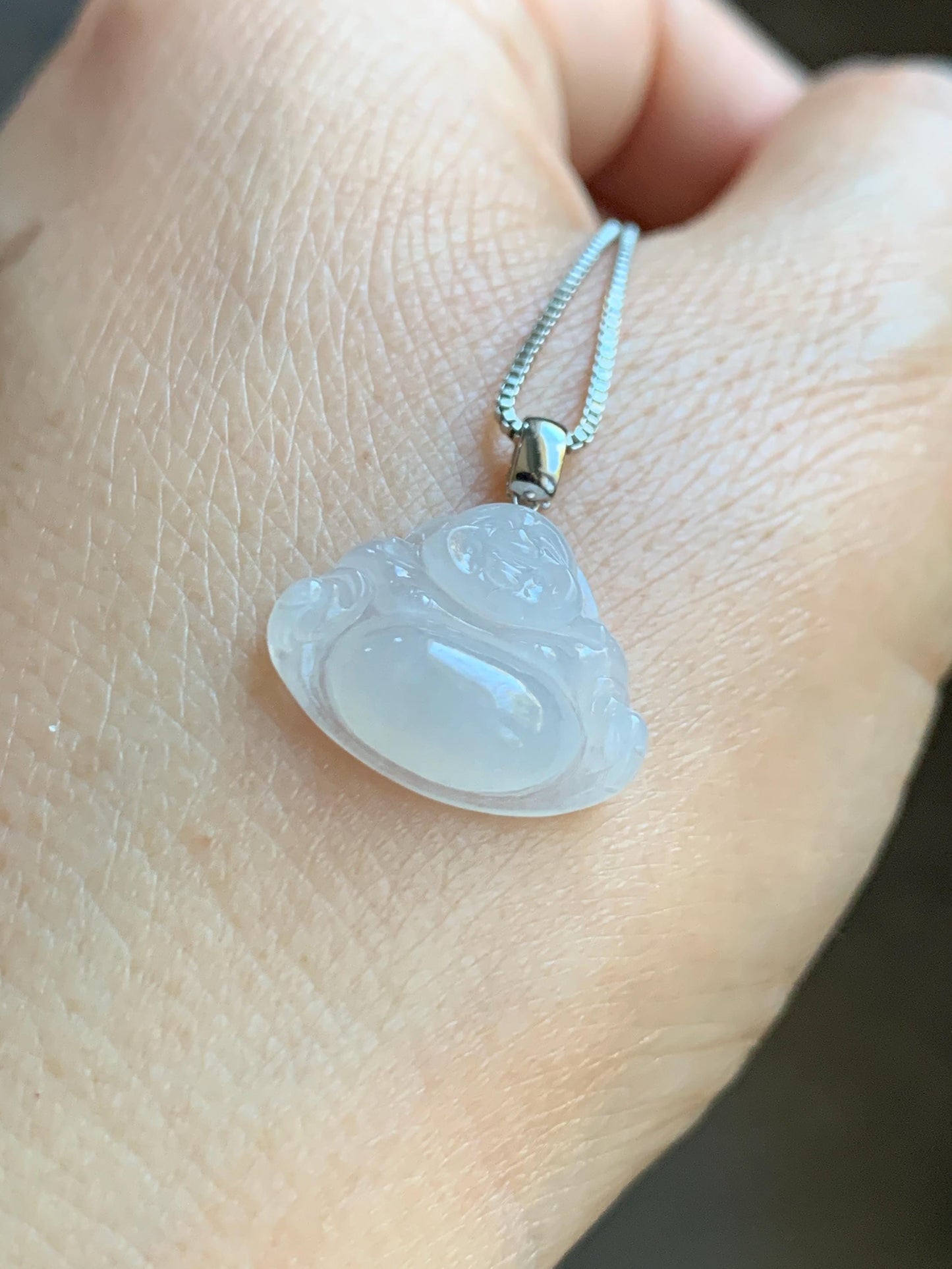 Natural Grade A Icy White Translucent Jade Jadeite Buddha Petite Pendant 18K White Gold 天然白冰翡翠小佛公镶嵌吊坠 MXF248