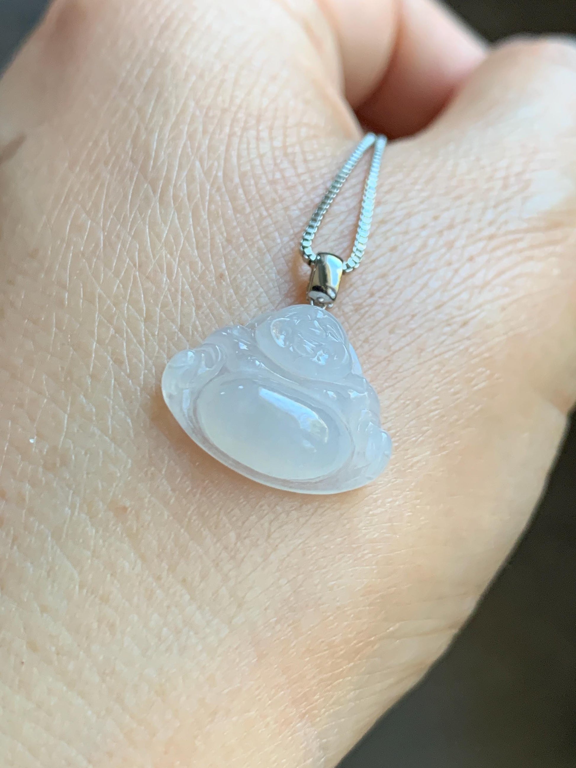 Natural Grade A Icy White Translucent Jade Jadeite Buddha Petite Pendant 18K White Gold 天然白冰翡翠小佛公镶嵌吊坠 MXF248