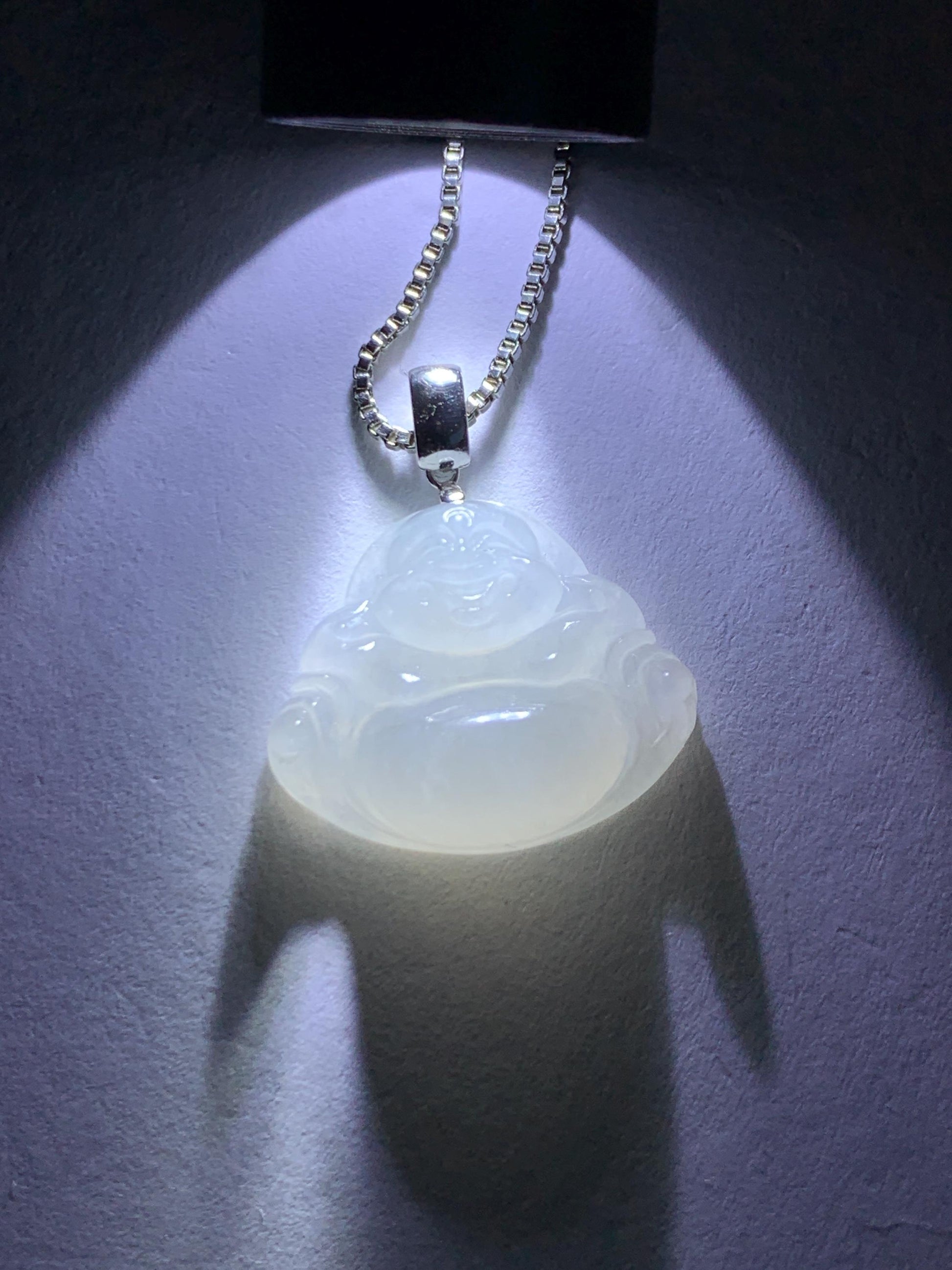 Natural Grade A Icy White Translucent Jade Jadeite Buddha Petite Pendant 18K White Gold 天然白冰翡翠小佛公镶嵌吊坠 MXF248