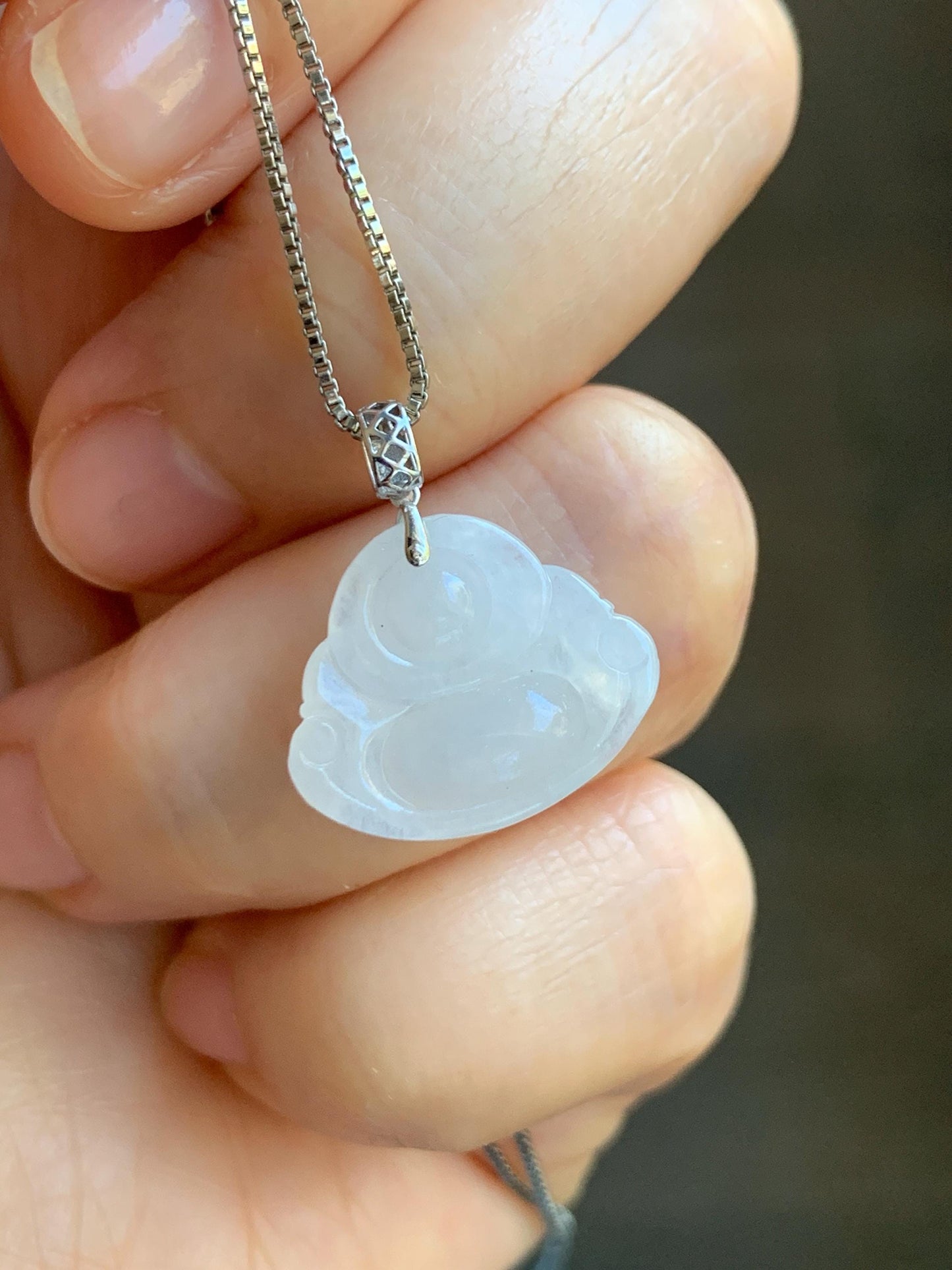 Natural Grade A Icy White Translucent Jade Jadeite Buddha Petite Pendant 18K White Gold 天然白冰翡翠小佛公镶嵌吊坠 MXF248
