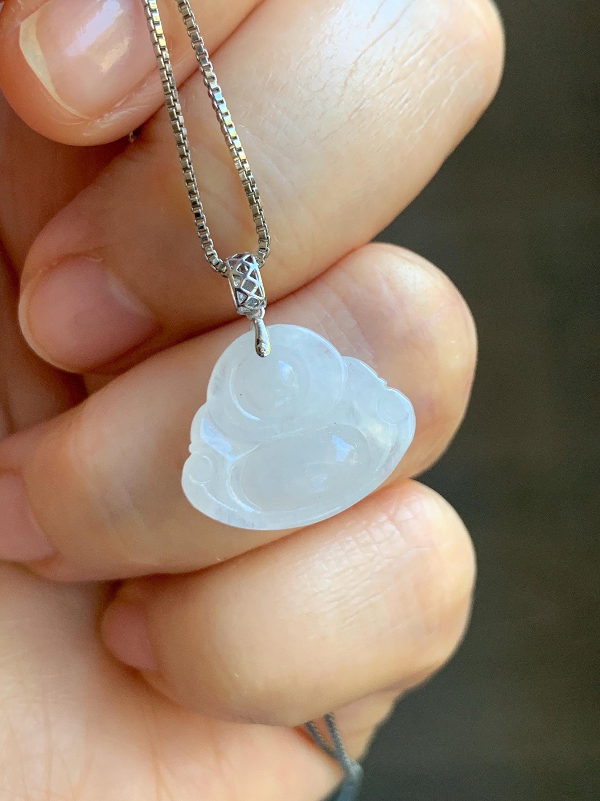 Natural Grade A Icy White Translucent Jade Jadeite Buddha Petite Pendant 18K White Gold 天然白冰翡翠小佛公镶嵌吊坠 MXF248