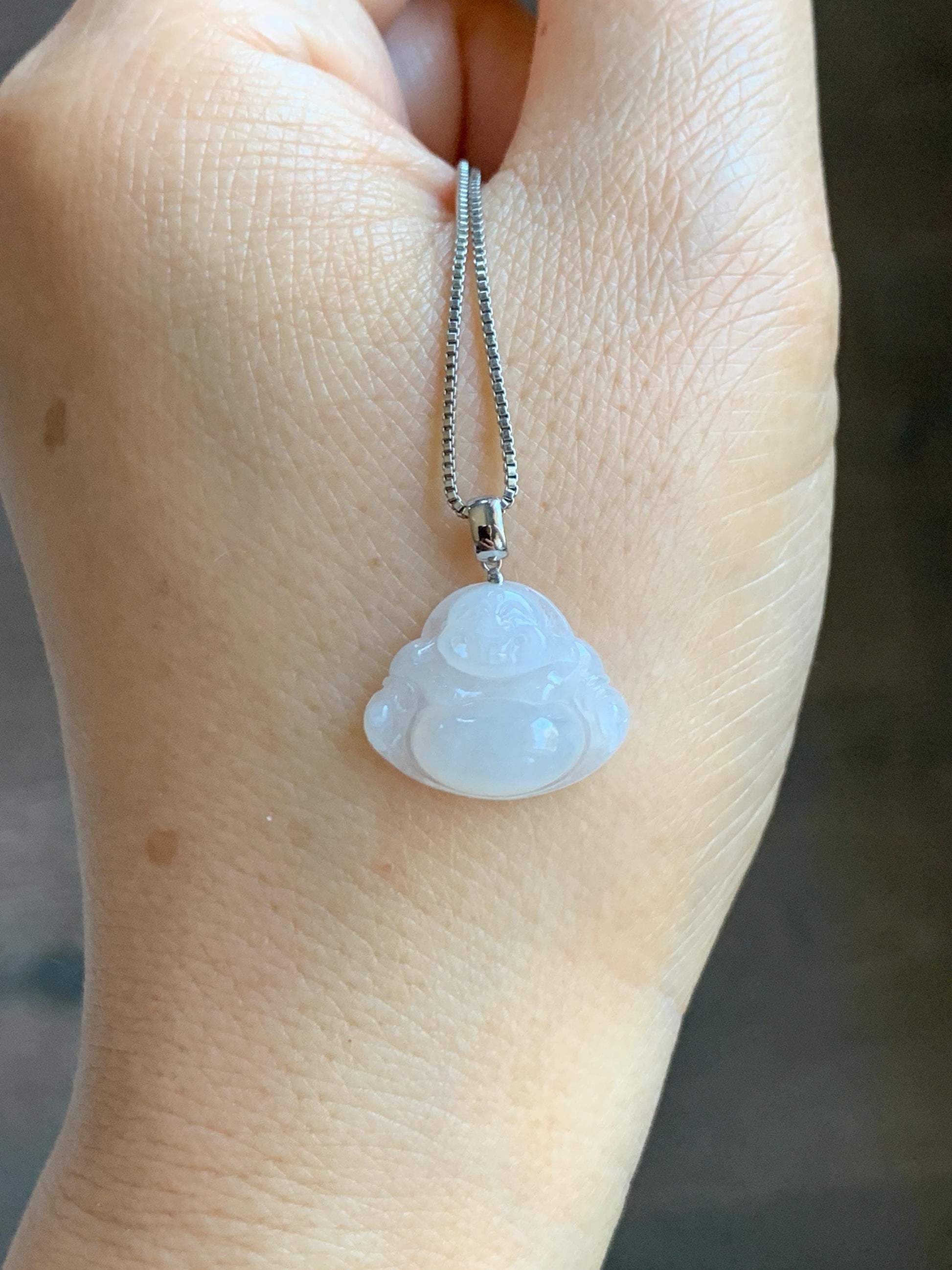 Natural Grade A Icy White Translucent Jade Jadeite Buddha Petite Pendant 18K White Gold 天然白冰翡翠小佛公镶嵌吊坠 MXF248
