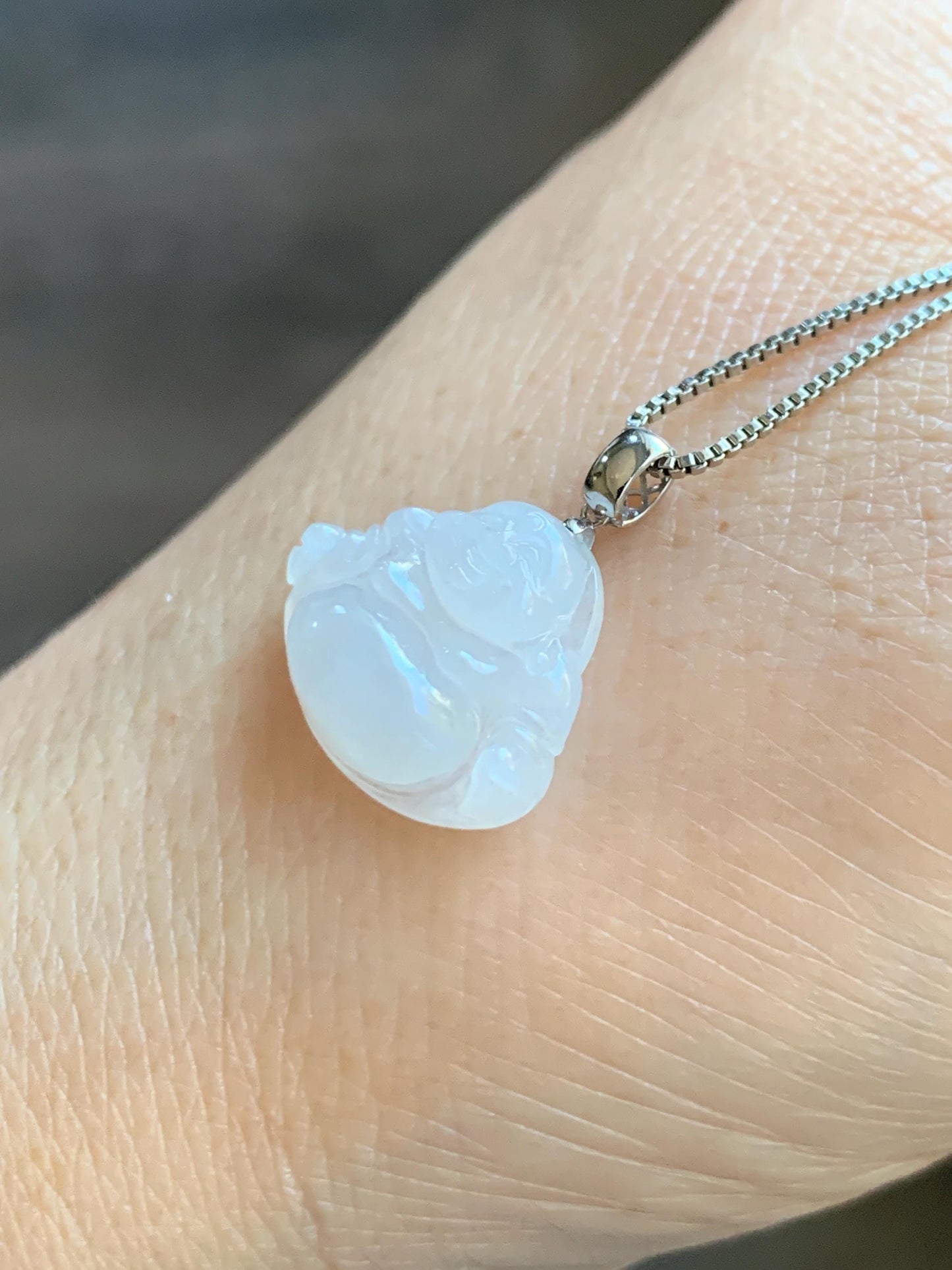 Natural Grade A Icy White Translucent Jade Jadeite Buddha Petite Pendant 18K White Gold 天然白冰翡翠小佛公镶嵌吊坠 MXF248