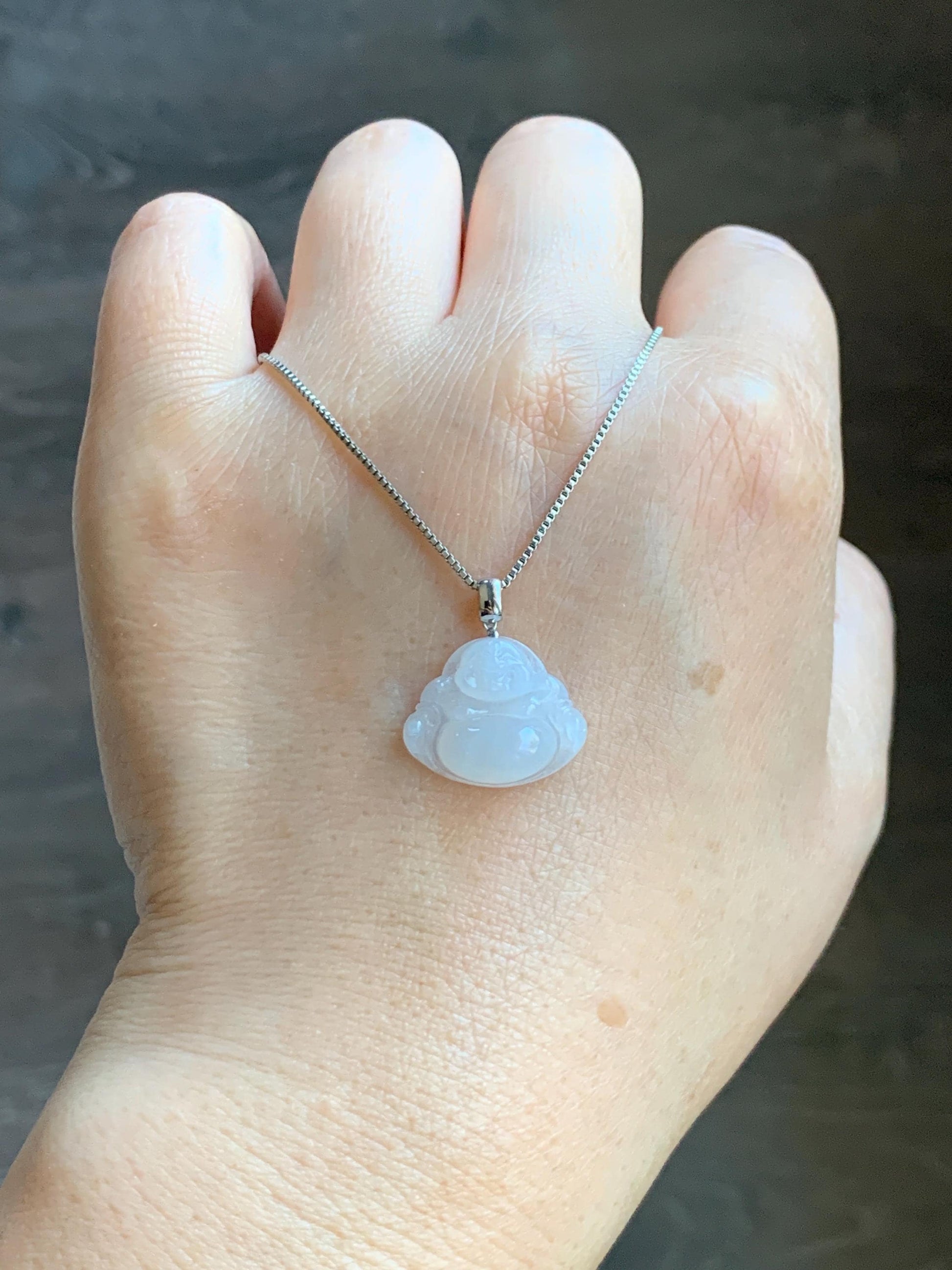 Natural Grade A Icy White Translucent Jade Jadeite Buddha Petite Pendant 18K White Gold 天然白冰翡翠小佛公镶嵌吊坠 MXF248