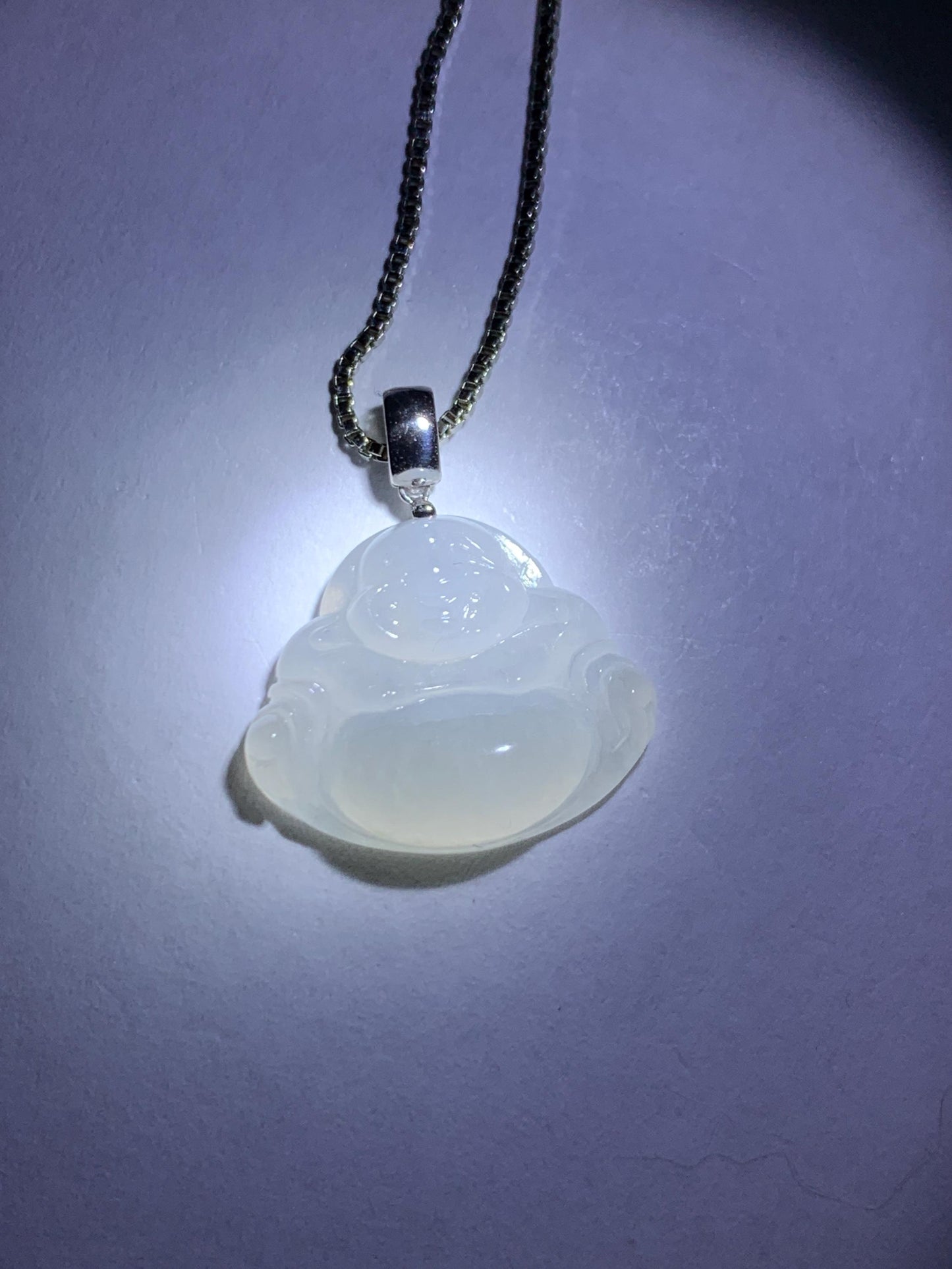 Natural Grade A Icy White Translucent Jade Jadeite Buddha Petite Pendant 18K White Gold 天然白冰翡翠小佛公镶嵌吊坠 MXF248