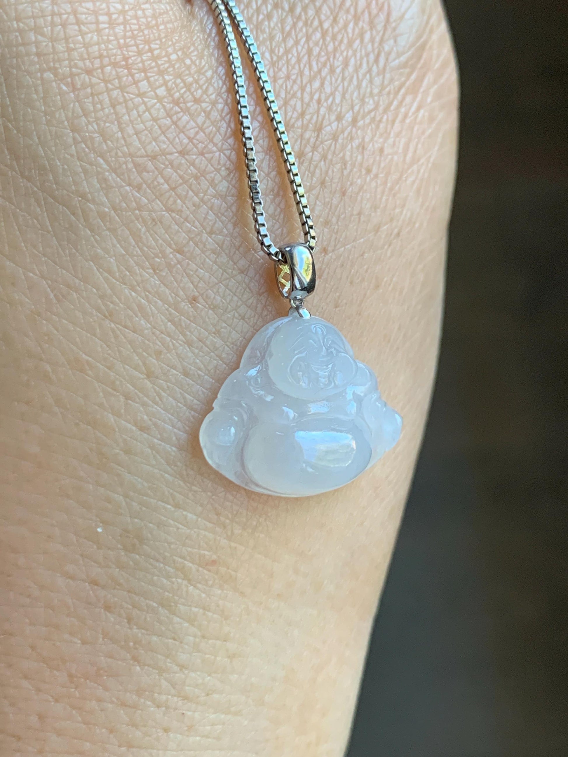 Natural Grade A Icy White Translucent Jade Jadeite Buddha Petite Pendant 18K White Gold 天然白冰翡翠小佛公镶嵌吊坠 MXF248