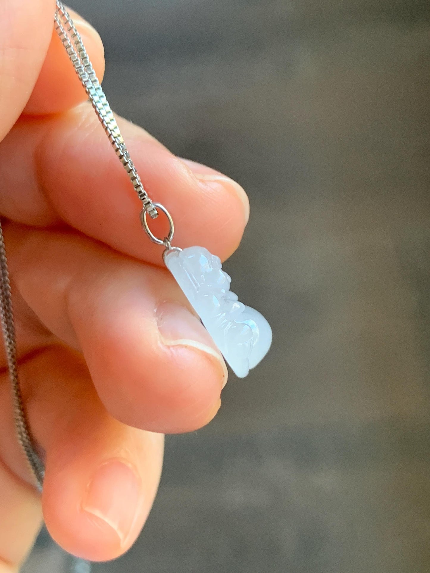 Natural Grade A Icy White Translucent Jade Jadeite Buddha Petite Pendant 18K White Gold 天然白冰翡翠小佛公镶嵌吊坠 MXF248