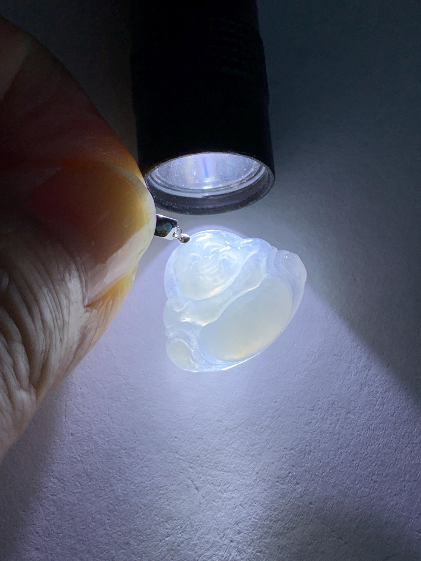 Natural Grade A Icy White Translucent Jade Jadeite Buddha Petite Pendant 18K White Gold 天然白冰翡翠小佛公镶嵌吊坠 MXF248