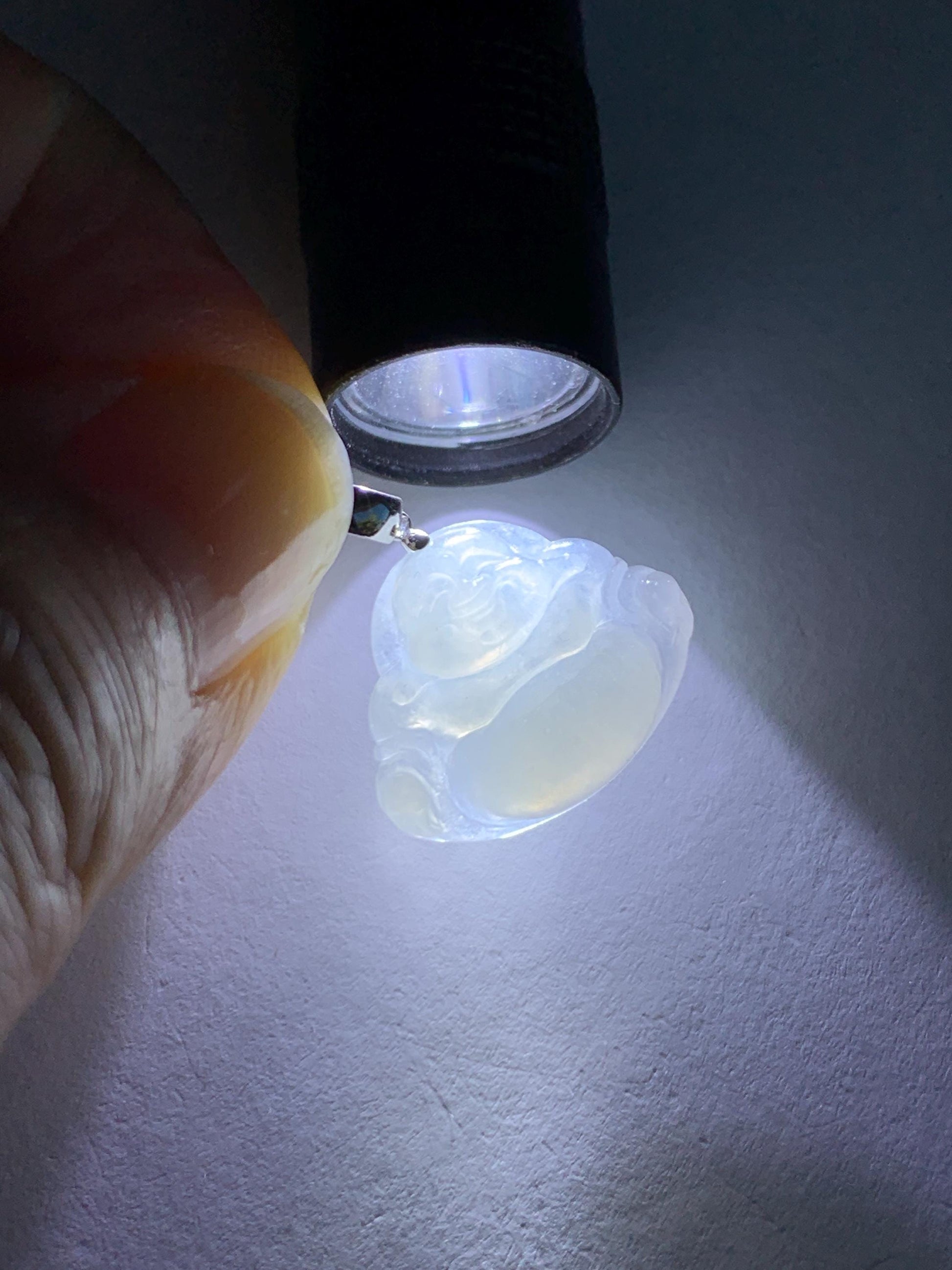 Natural Grade A Icy White Translucent Jade Jadeite Buddha Petite Pendant 18K White Gold 天然白冰翡翠小佛公镶嵌吊坠 MXF248