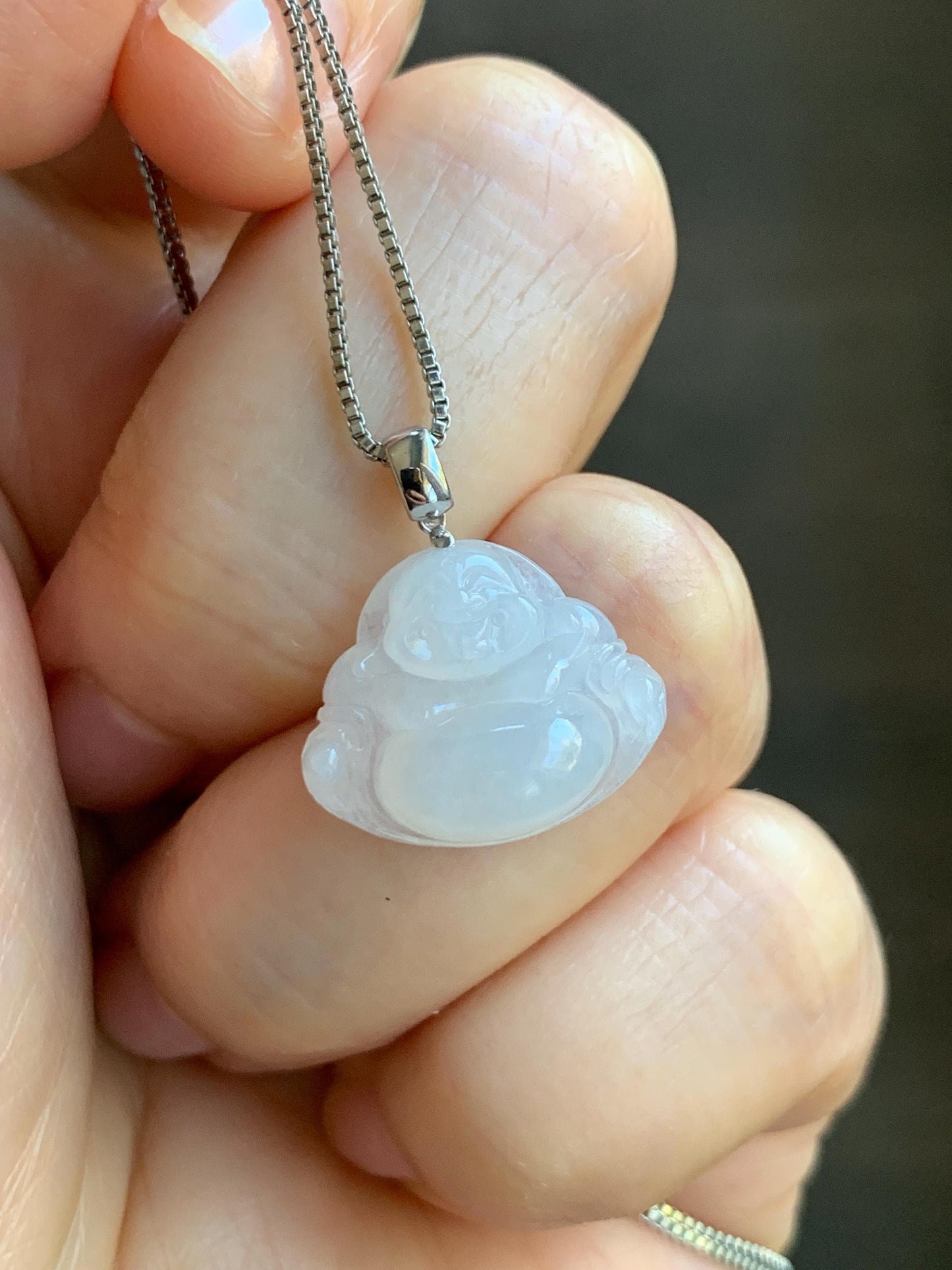 Natural Grade A Icy White Translucent Jade Jadeite Buddha Petite Pendant 18K White Gold 天然白冰翡翠小佛公镶嵌吊坠 MXF248
