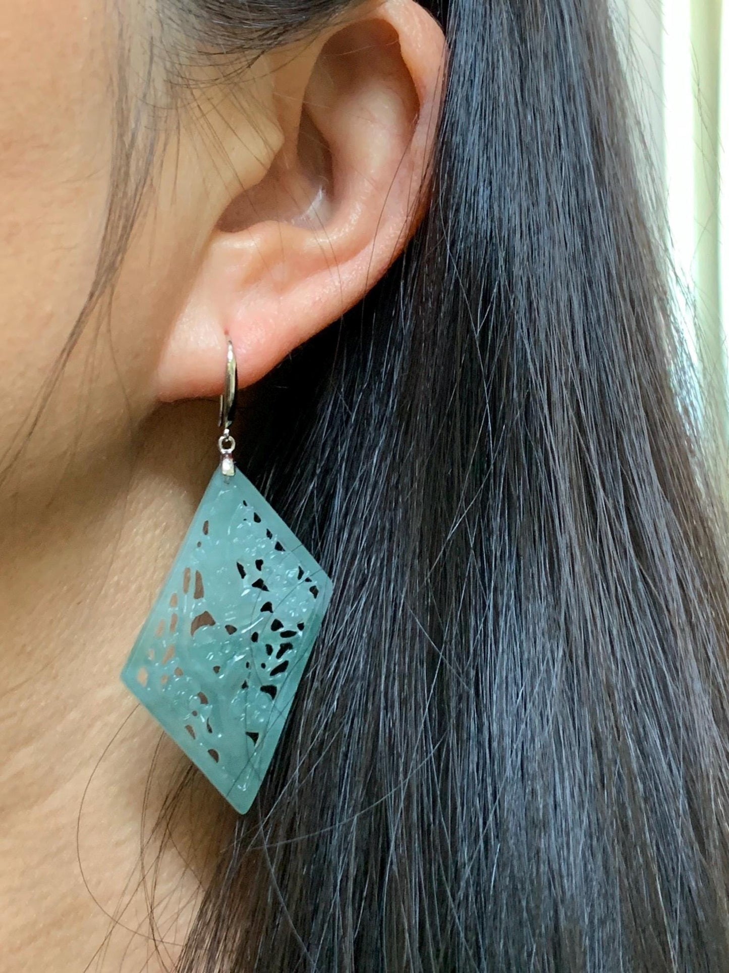 Natural Grade A Guatemalan Icy Translucent Dusty Teal Blue Jade Jadeite Openwork Engraved Earrings Sterling Silver 天然冰危蓝绿翡翠镂空雕银耳钩 WXQ110