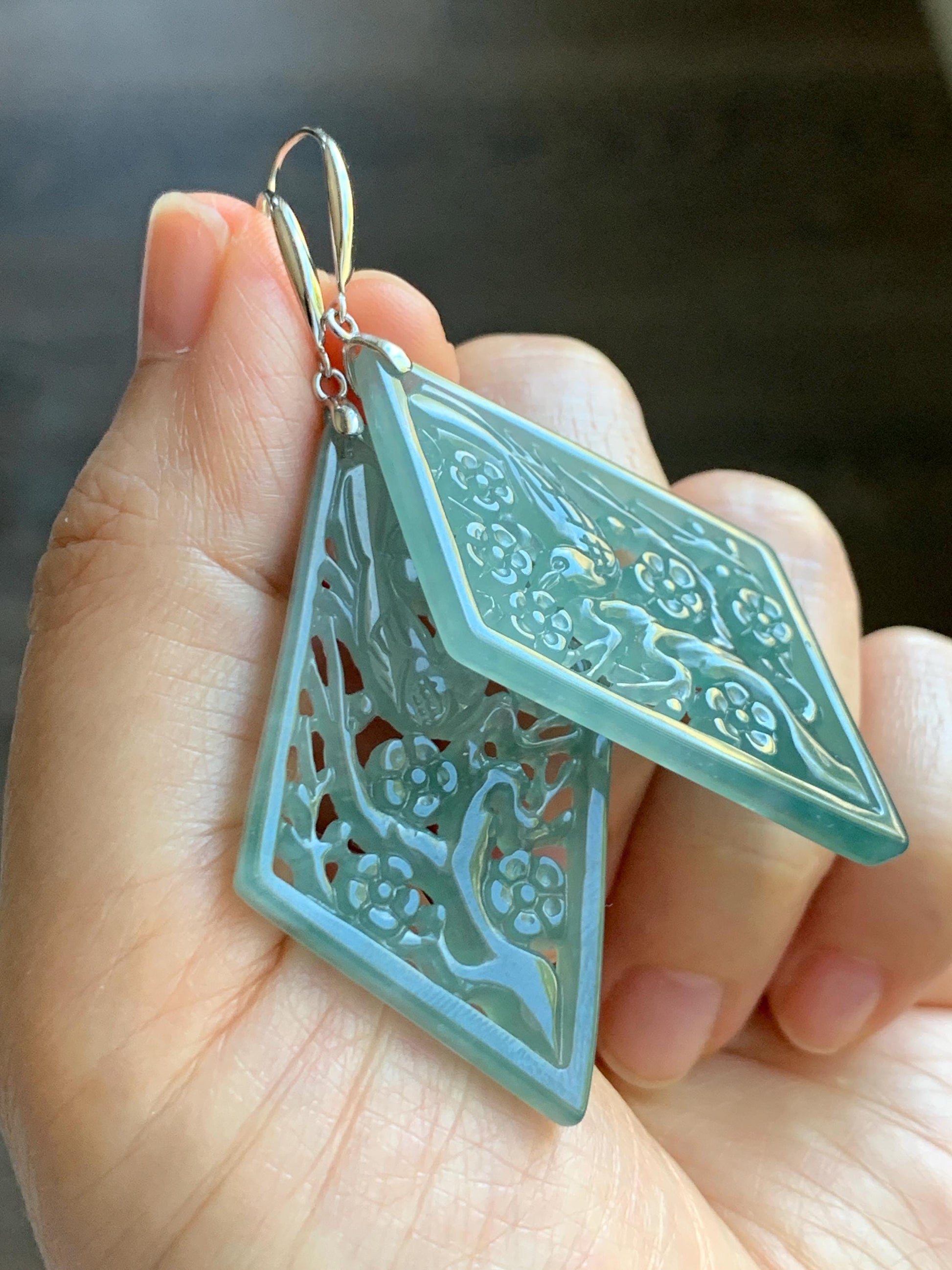 Natural Grade A Guatemalan Icy Translucent Dusty Teal Blue Jade Jadeite Openwork Engraved Earrings Sterling Silver 天然冰危蓝绿翡翠镂空雕银耳钩 WXQ110