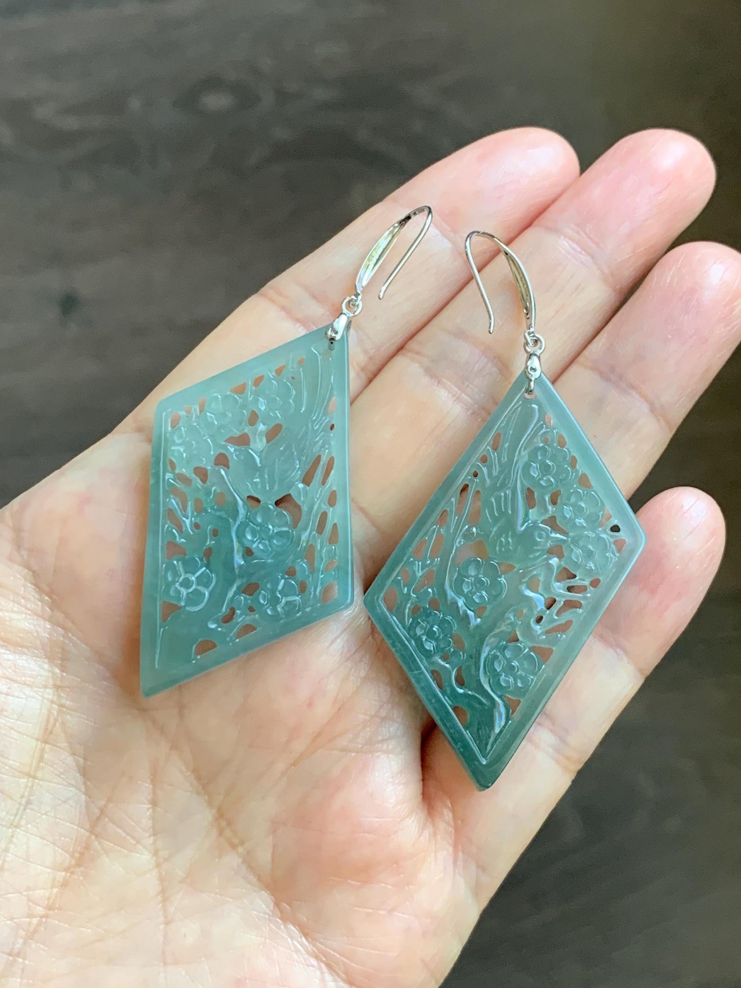 Natural Grade A Guatemalan Icy Translucent Dusty Teal Blue Jade Jadeite Openwork Engraved Earrings Sterling Silver 天然冰危蓝绿翡翠镂空雕银耳钩 WXQ110