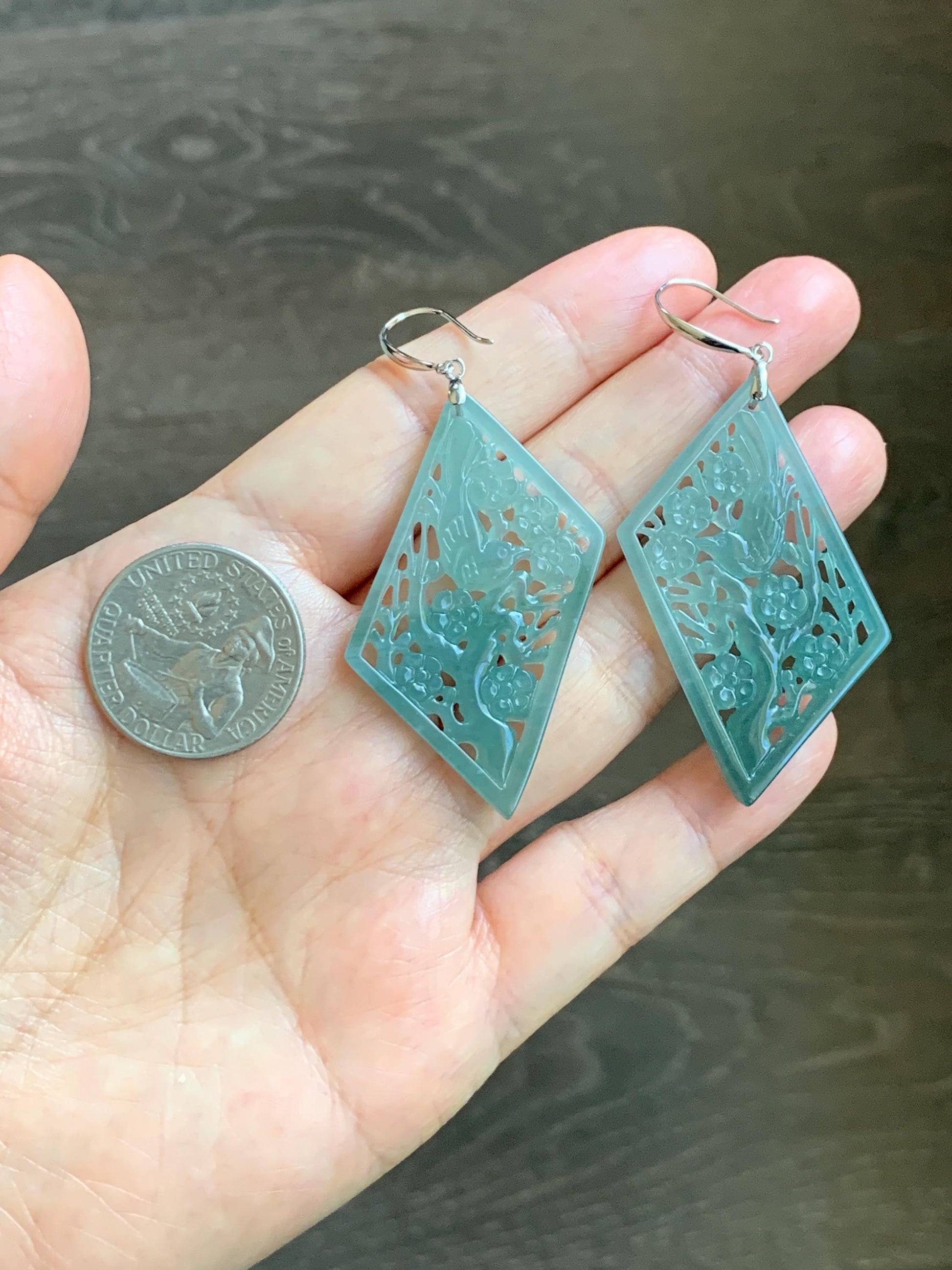 Natural Grade A Guatemalan Icy Translucent Dusty Teal Blue Jade Jadeite Openwork Engraved Earrings Sterling Silver 天然冰危蓝绿翡翠镂空雕银耳钩 WXQ110